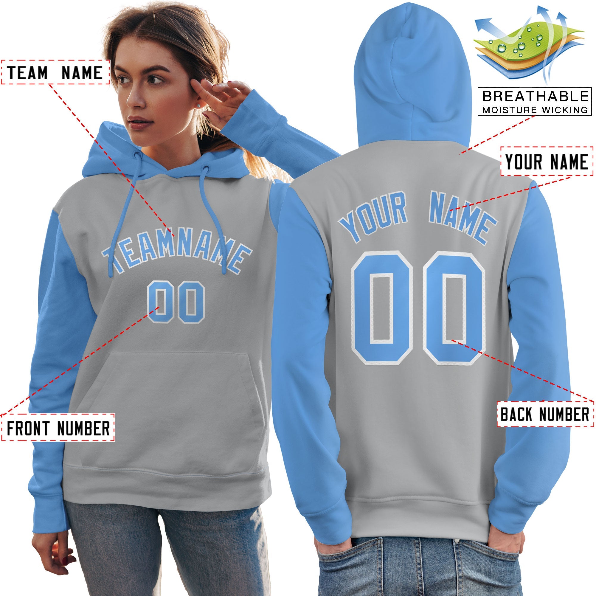 Custom Gray Light Blue-White Raglan Sleeves Pullover Personalized Team Sweatshirt Hoodie