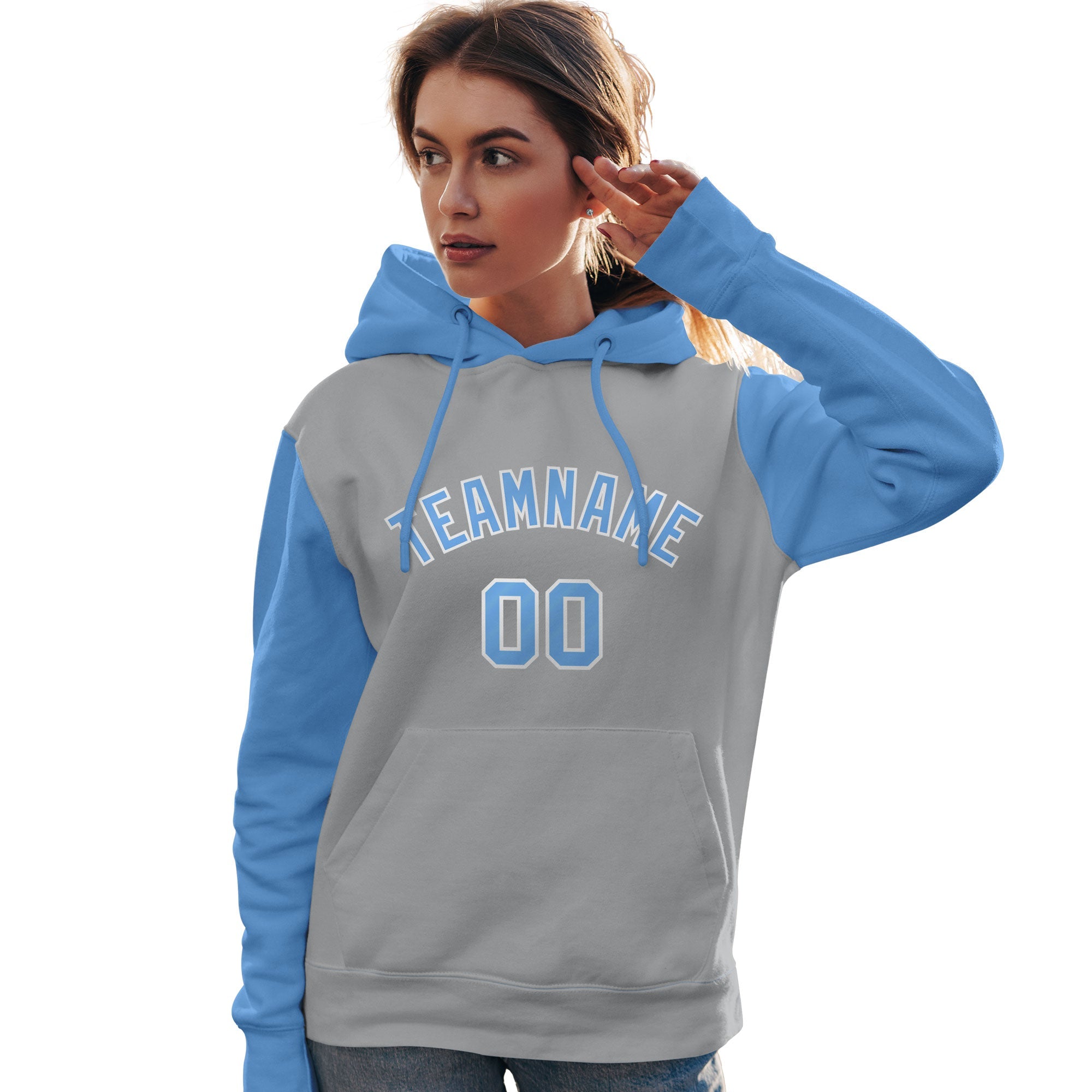 Custom Gray Light Blue-White Raglan Sleeves Pullover Personalized Team Sweatshirt Hoodie