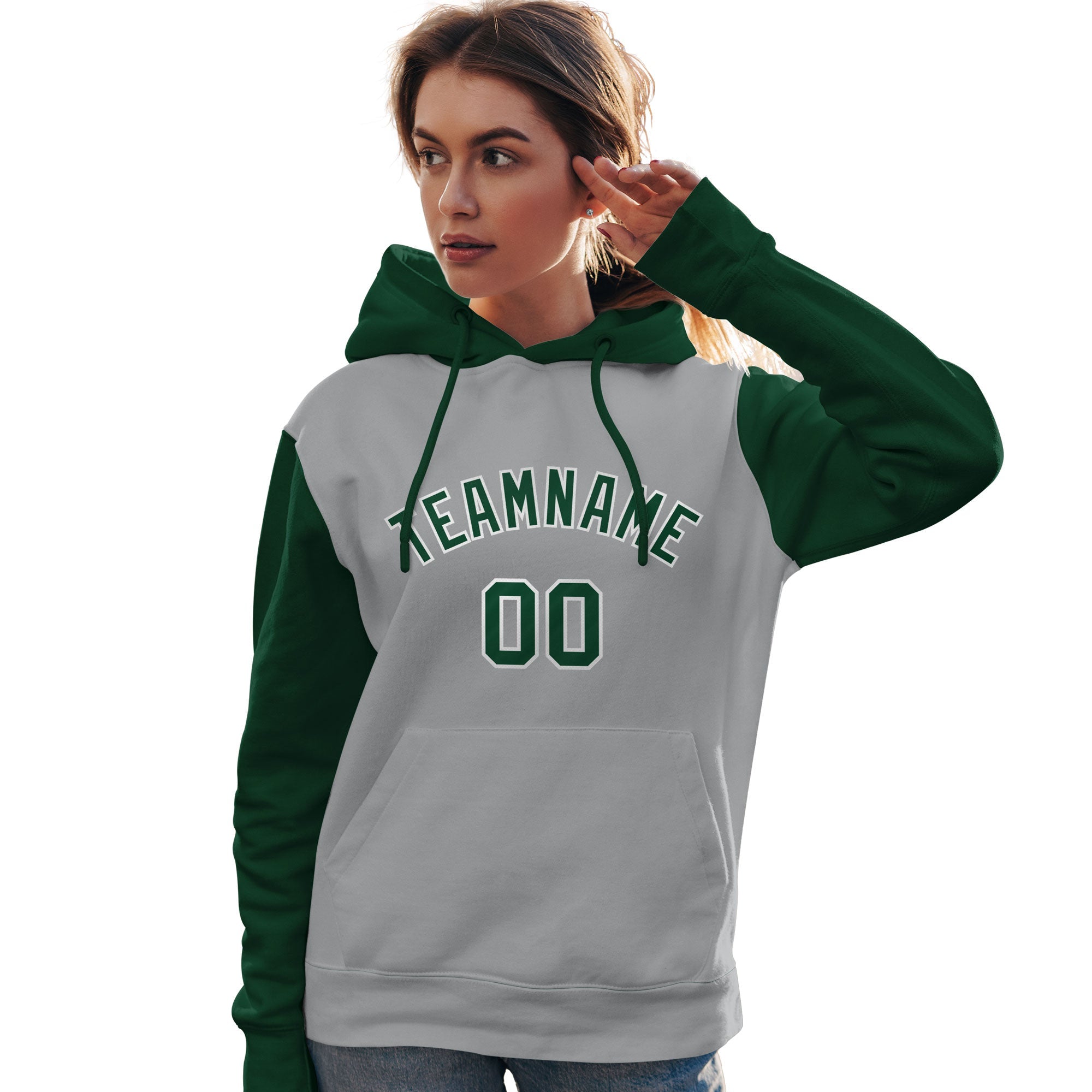 Custom Gray Green-White Raglan Sleeves Pullover Personalized Team Sweatshirt Hoodie