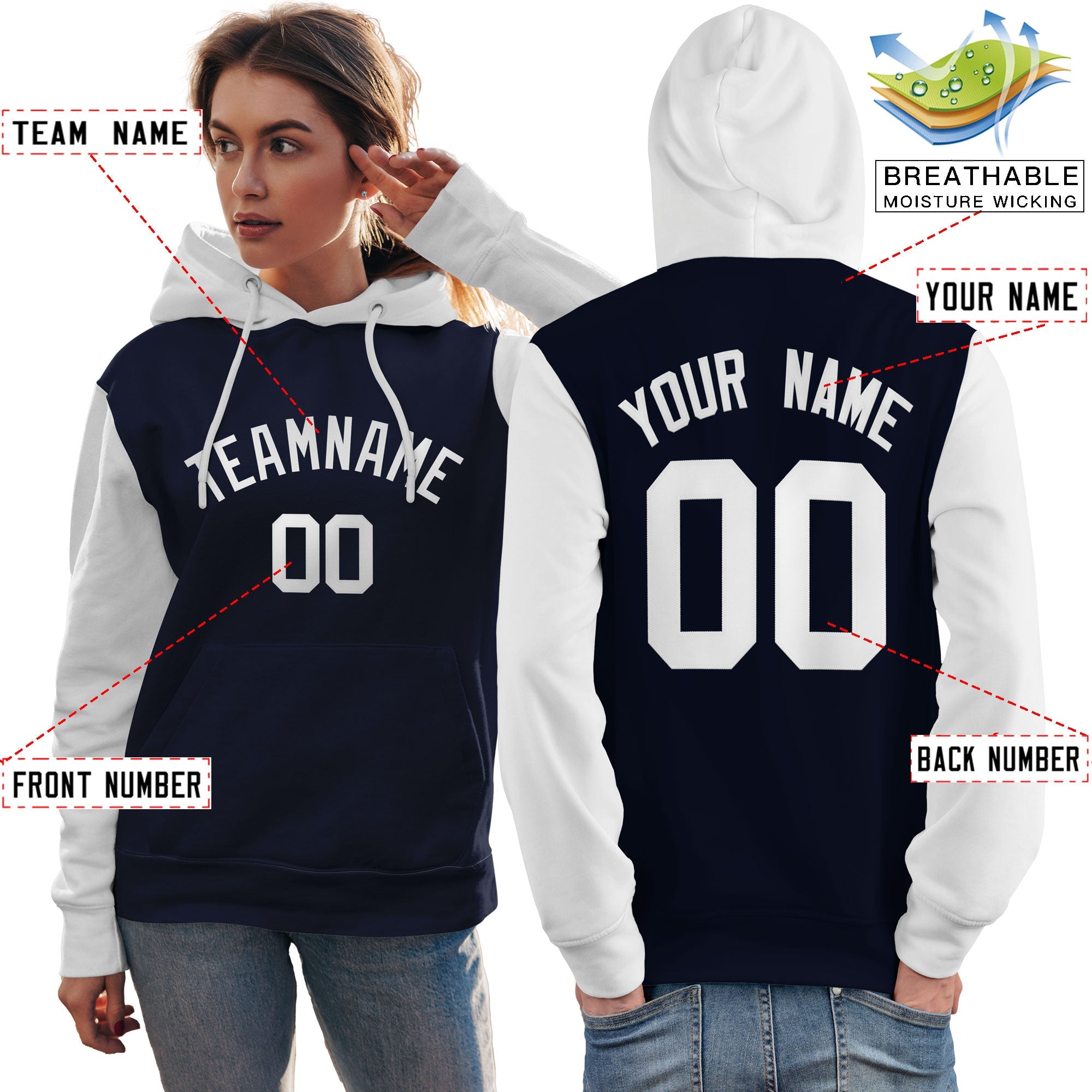 Custom Navy White Raglan Sleeves Pullover Personalized Team Sweatshirt Hoodie