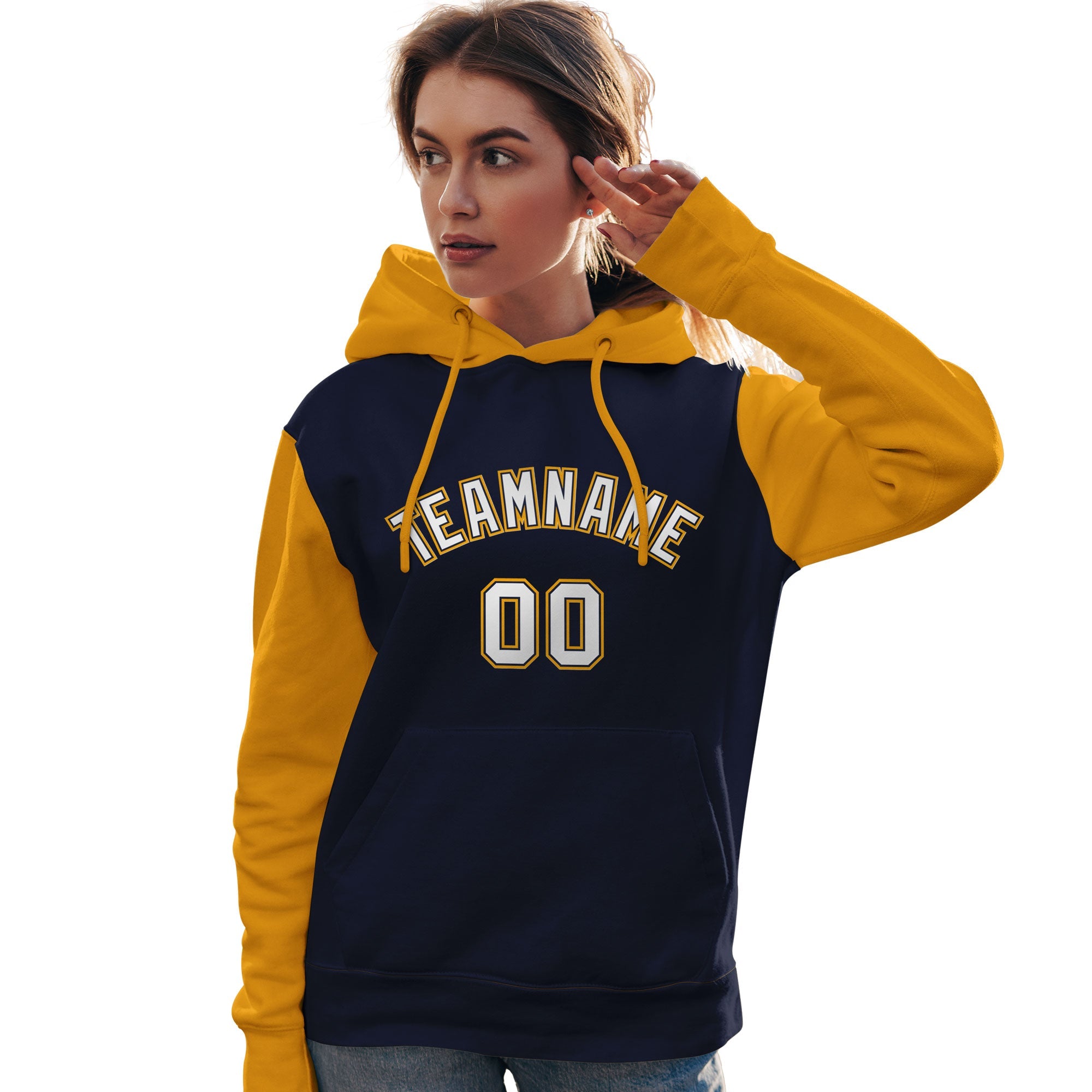 Custom Navy White-Gold Raglan Sleeves Pullover Personalized Team Sweatshirt Hoodie