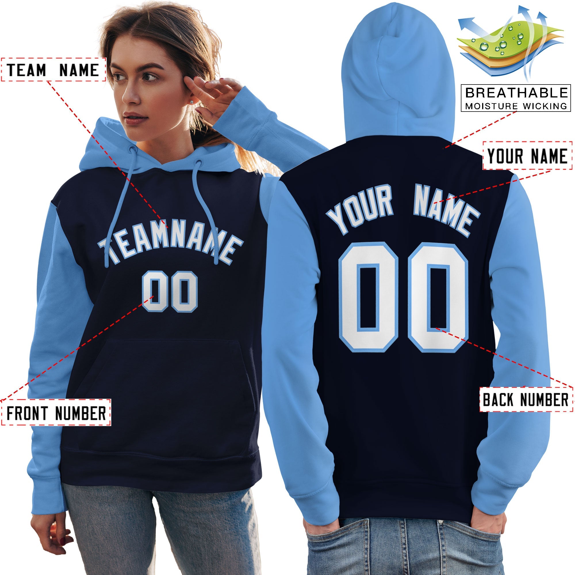 Custom Navy White-Light Blue Raglan Sleeves Pullover Personalized Team Sweatshirt Hoodie