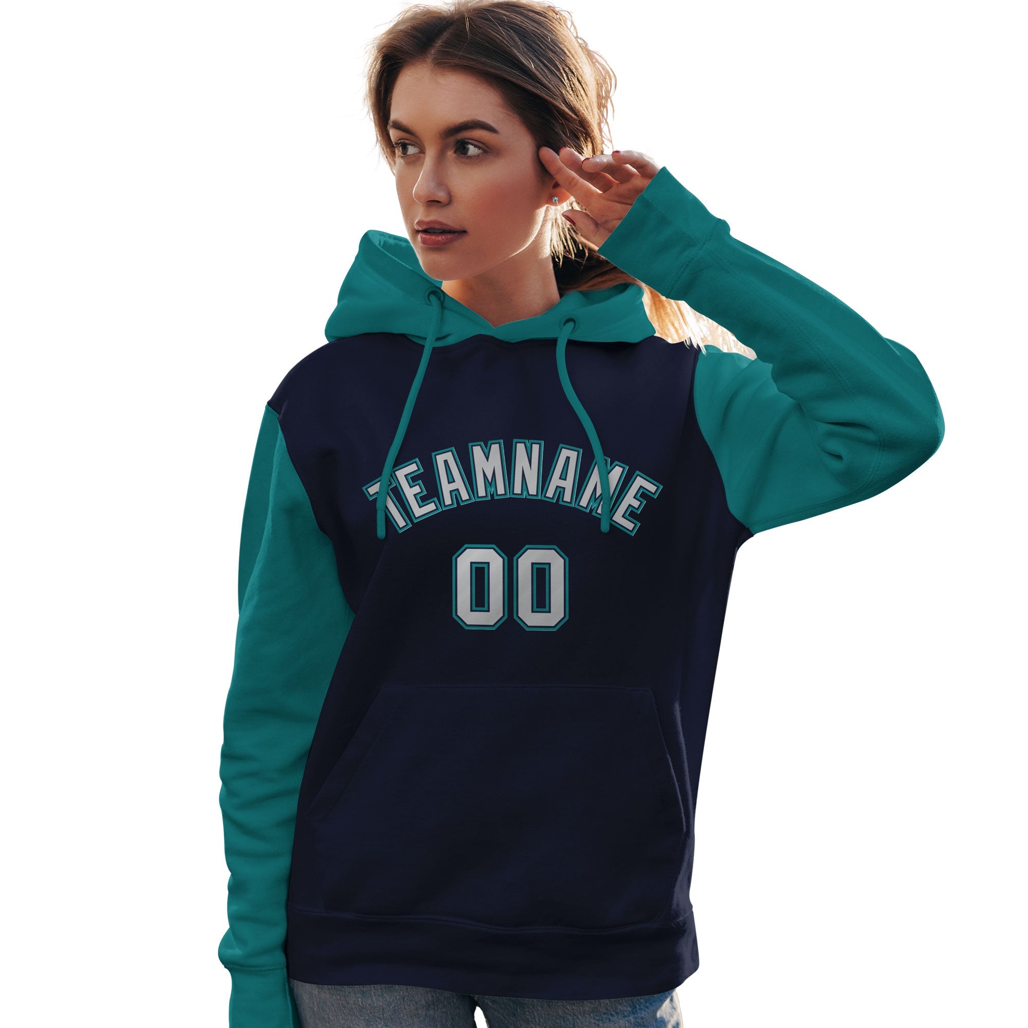 Custom Navy Gray-Aqua Raglan Sleeves Pullover Personalized Team Sweatshirt Hoodie