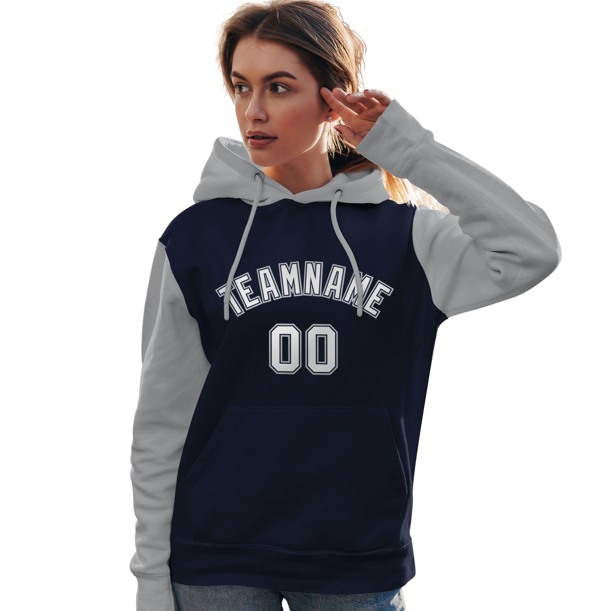 Custom Navy White-Gray Raglan Sleeves Pullover Personalized Team Sweatshirt Hoodie