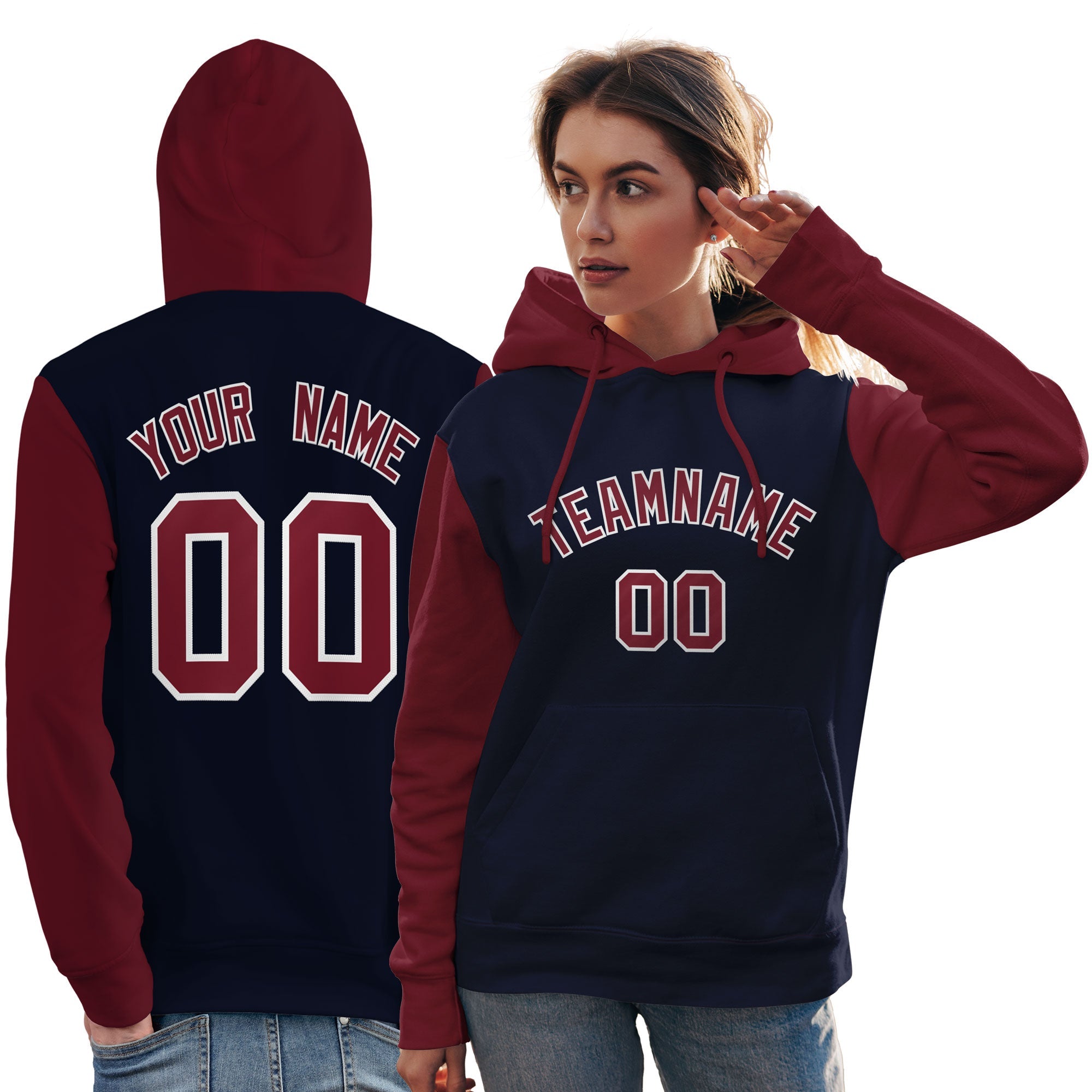 Custom Navy Crimson-White Raglan Sleeves Pullover Personalized Team Sweatshirt Hoodie