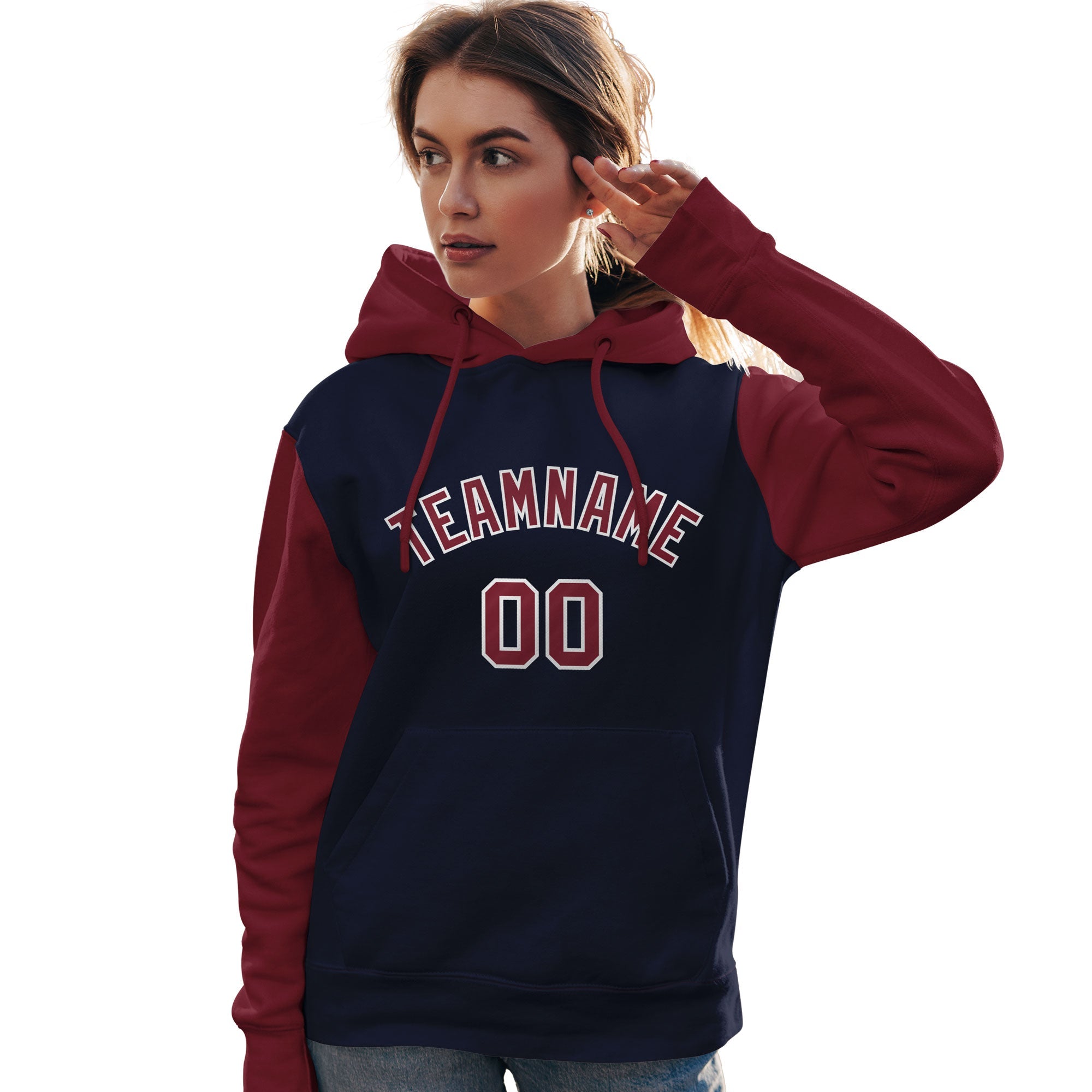 Custom Navy Crimson-White Raglan Sleeves Pullover Personalized Team Sweatshirt Hoodie