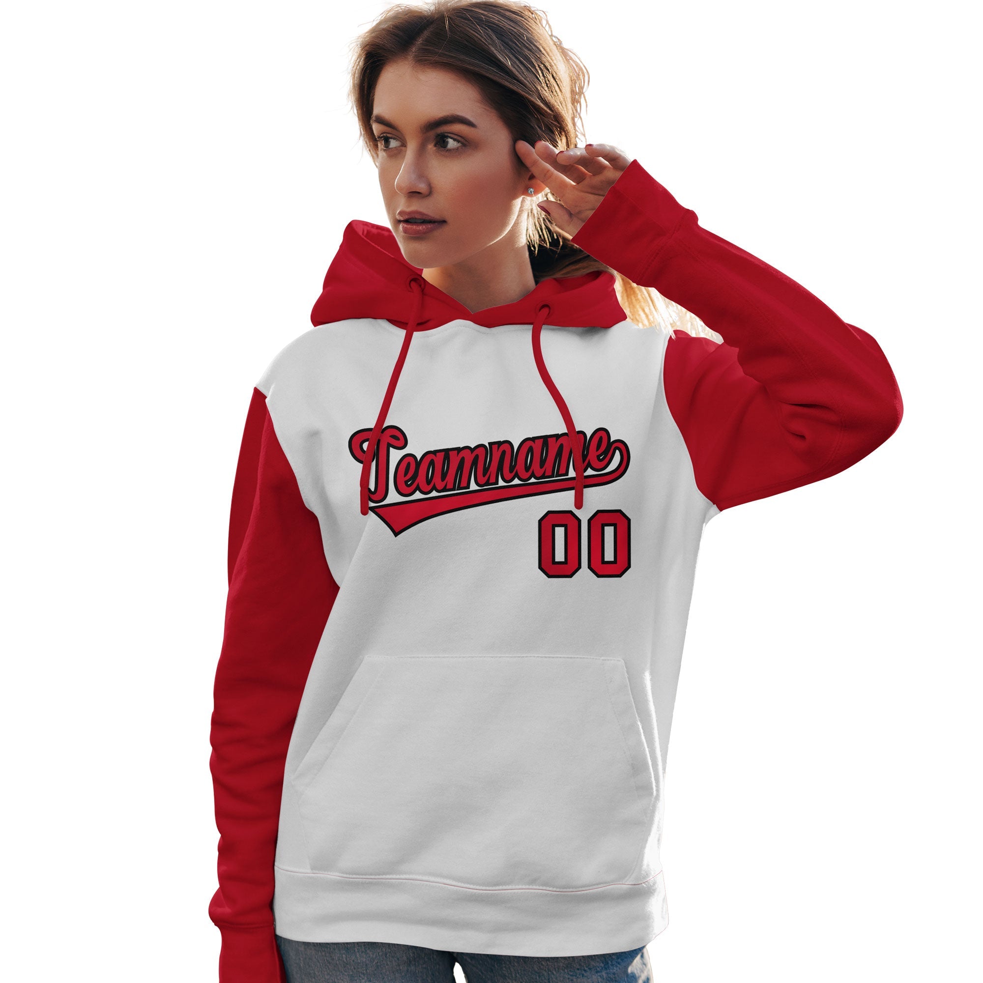 Custom White Red-Black Raglan Sleeves Pullover Personalized Team Sweatshirt Hoodie