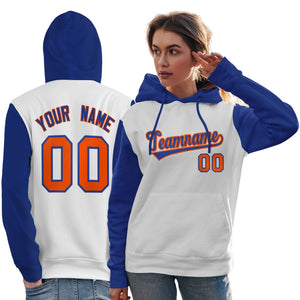 Custom White Royal-Orange Raglan Sleeves Pullover Personalized Team Sweatshirt Hoodie