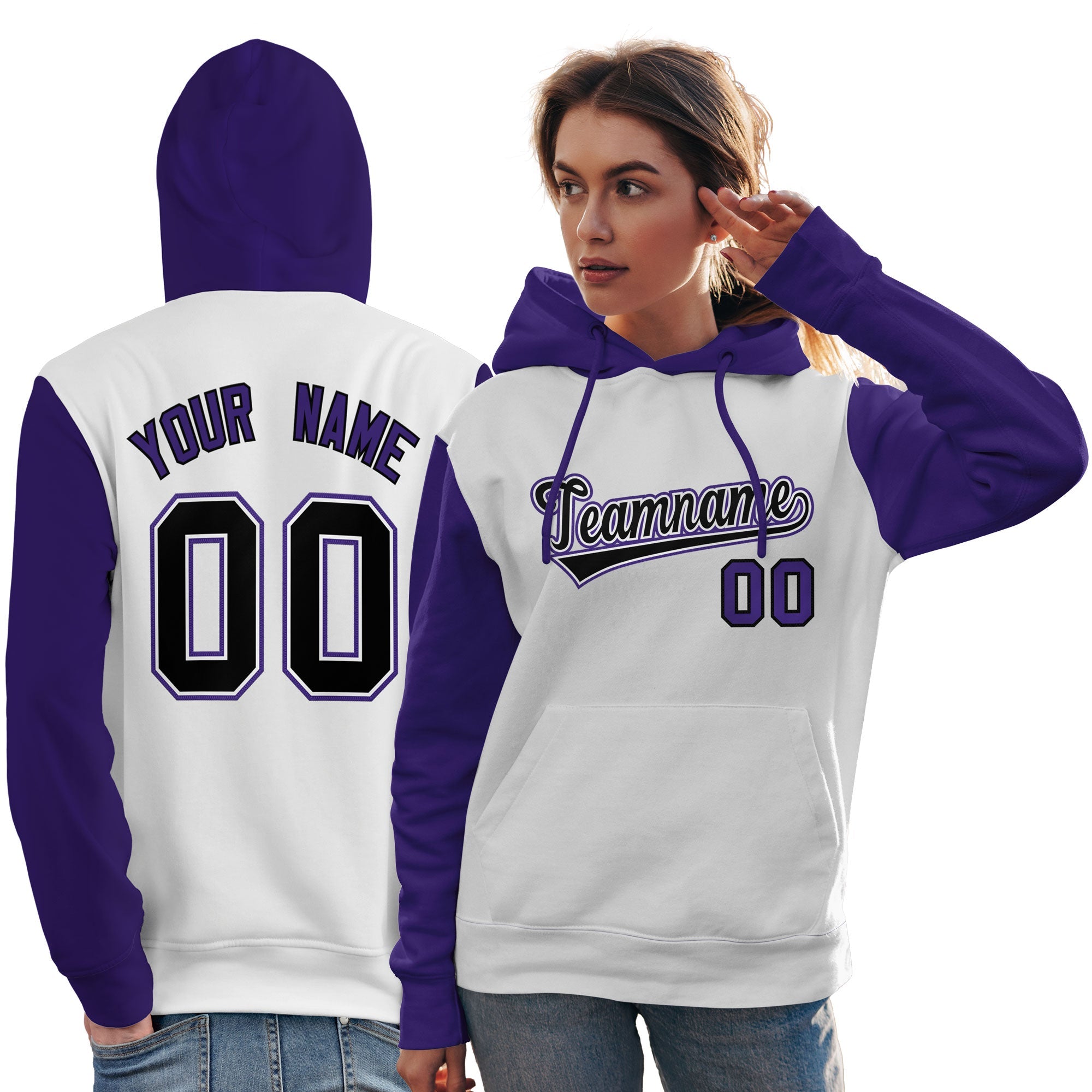 Custom White Black-Purple Raglan Sleeves Pullover Personalized Team Sweatshirt Hoodie