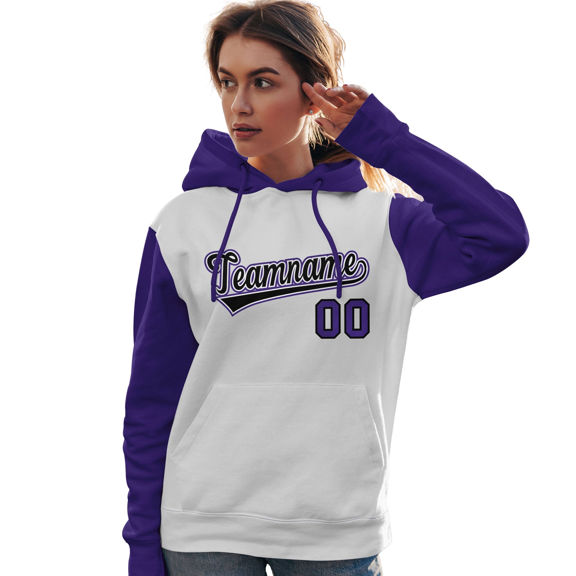 Custom White Black-Purple Raglan Sleeves Pullover Personalized Team Sweatshirt Hoodie