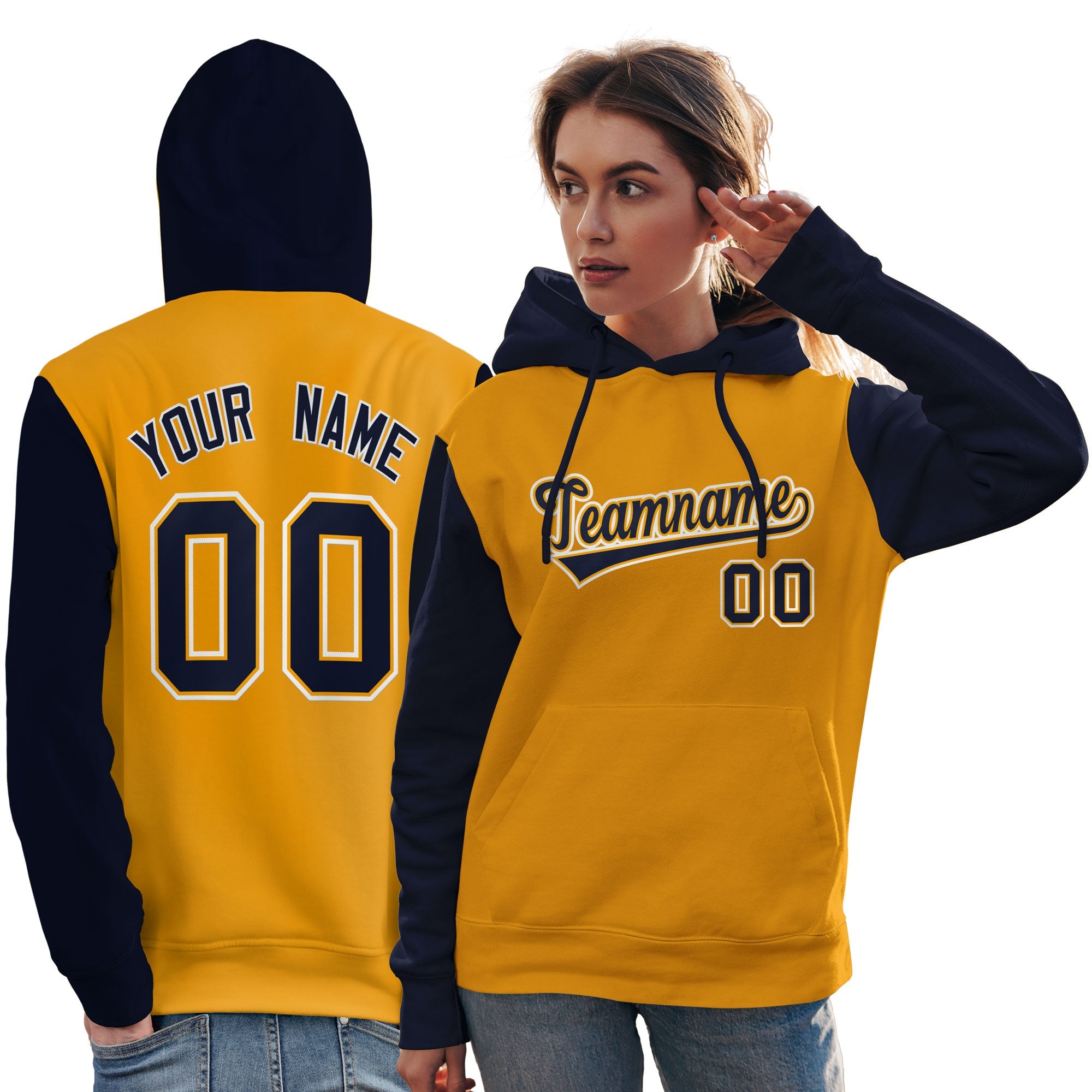 Custom Gold Navy-White Raglan Sleeves Pullover Personalized Team Sweatshirt Hoodie