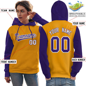 Custom Gold Purple-White Raglan Sleeves Pullover Personalized Team Sweatshirt Hoodie