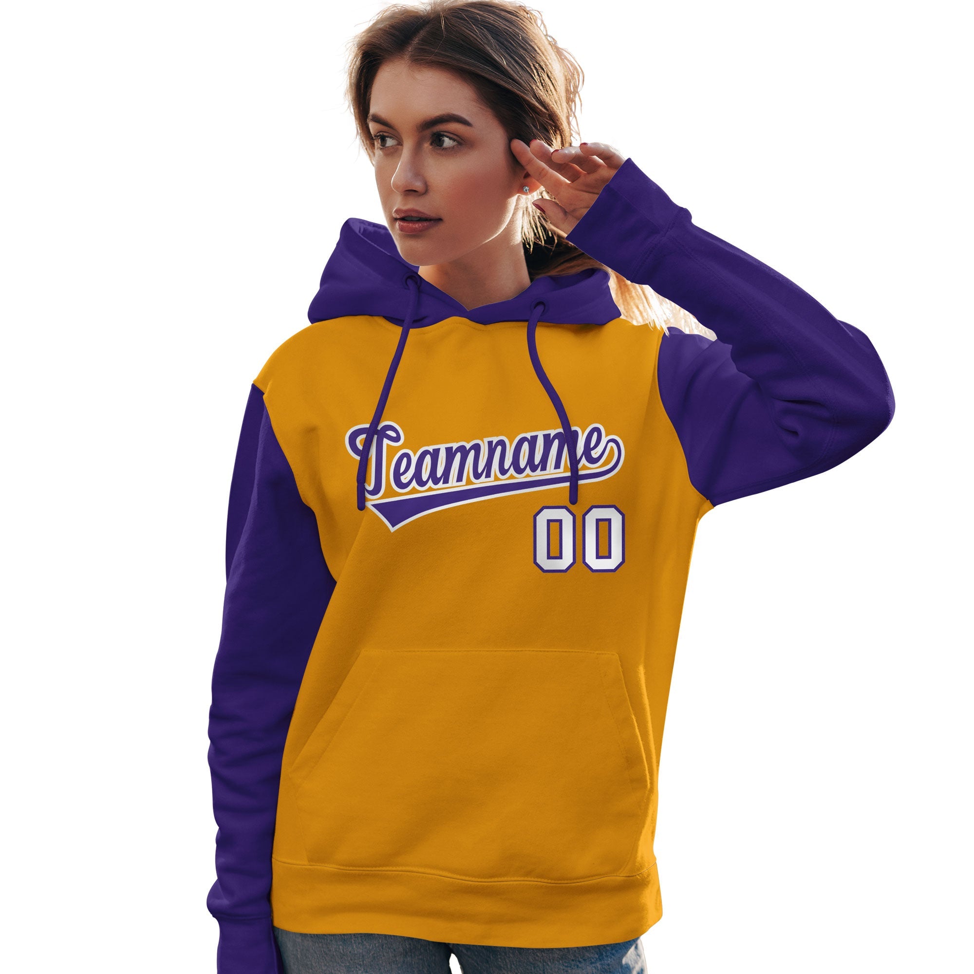 Custom Gold Purple-White Raglan Sleeves Pullover Personalized Team Sweatshirt Hoodie