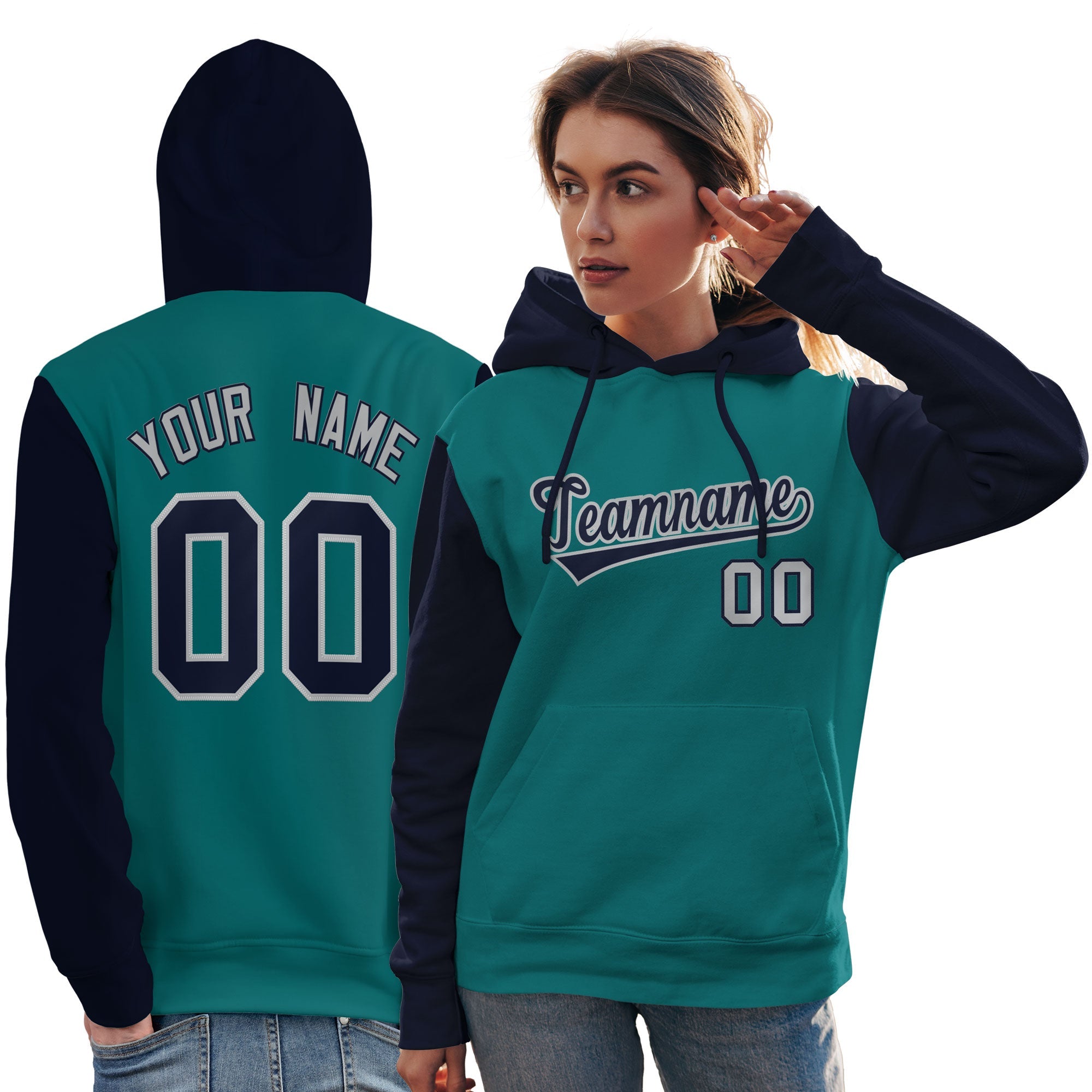 Custom Aqua Navy-Gray Raglan Sleeves Pullover Personalized Team Sweatshirt Hoodie