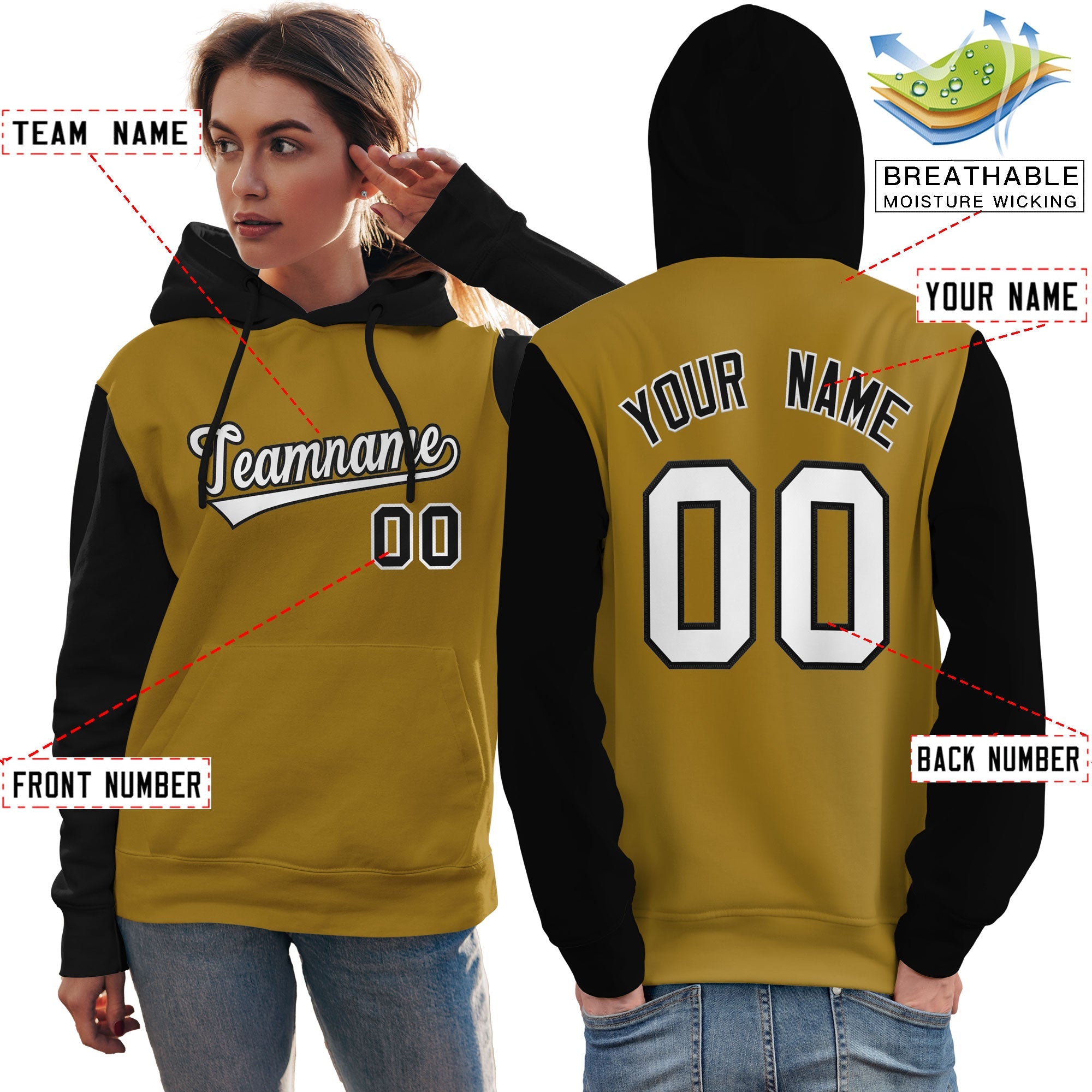 Custom Old Gold White-Black Raglan Sleeves Pullover Personalized Team Sweatshirt Hoodie