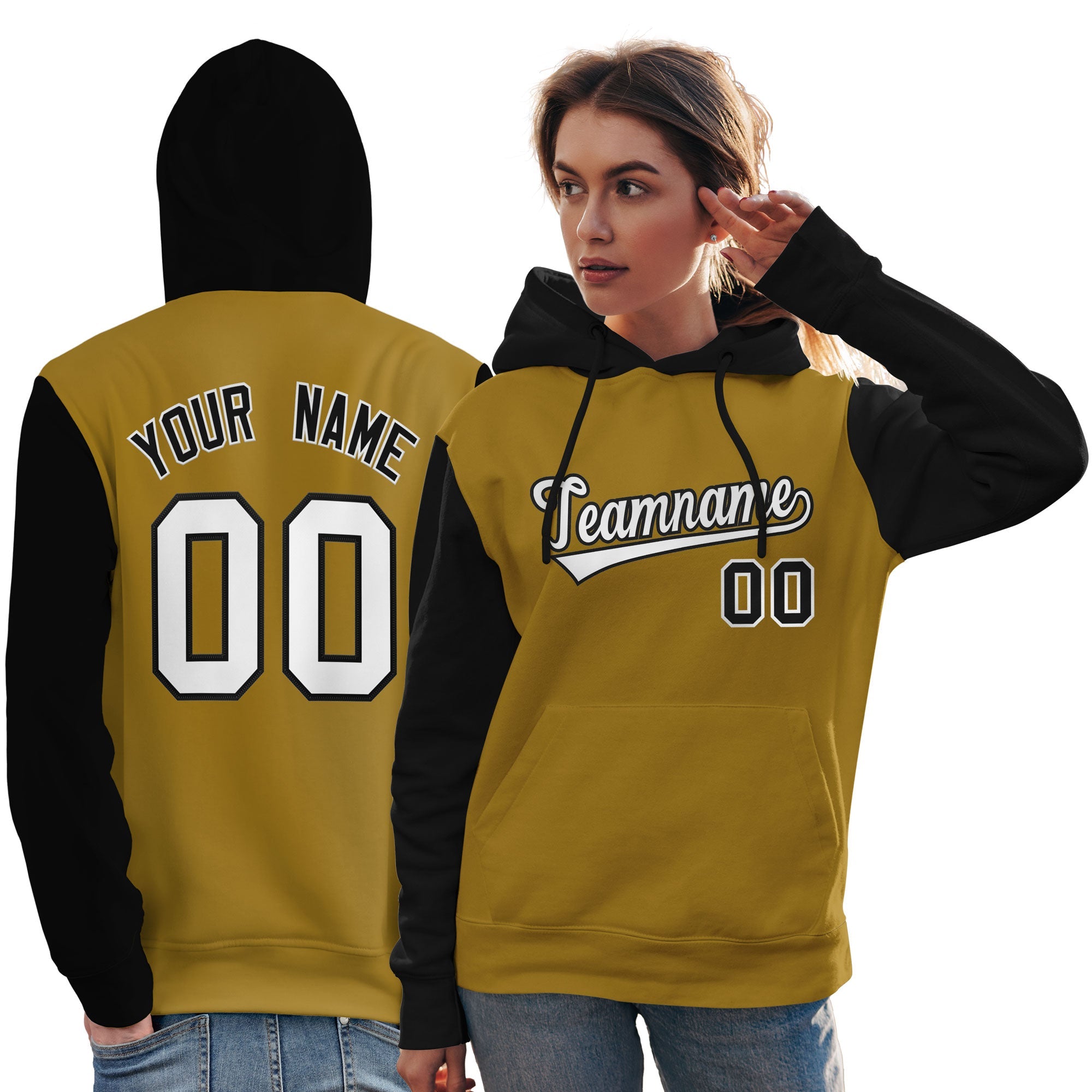 Custom Old Gold White-Black Raglan Sleeves Pullover Personalized Team Sweatshirt Hoodie