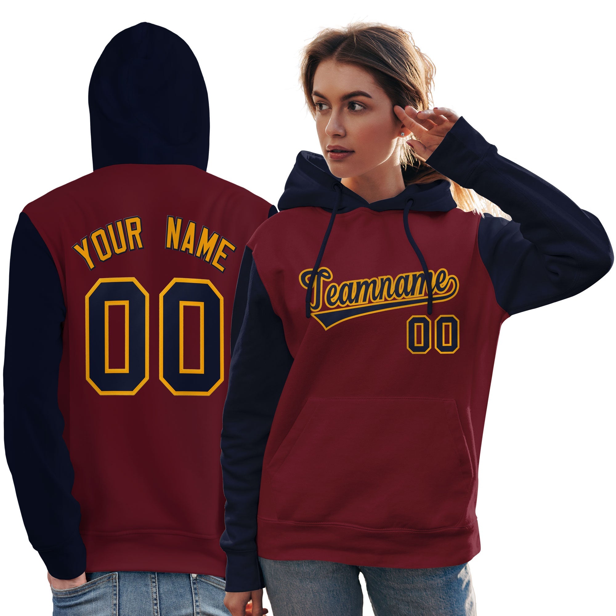 Custom Crimson Navy-Gold Raglan Sleeves Pullover Personalized Team Sweatshirt Hoodie