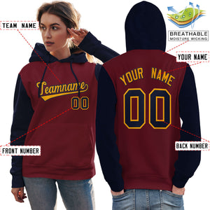 Custom Crimson Gold-Navy Raglan Sleeves Pullover Personalized Team Sweatshirt Hoodie