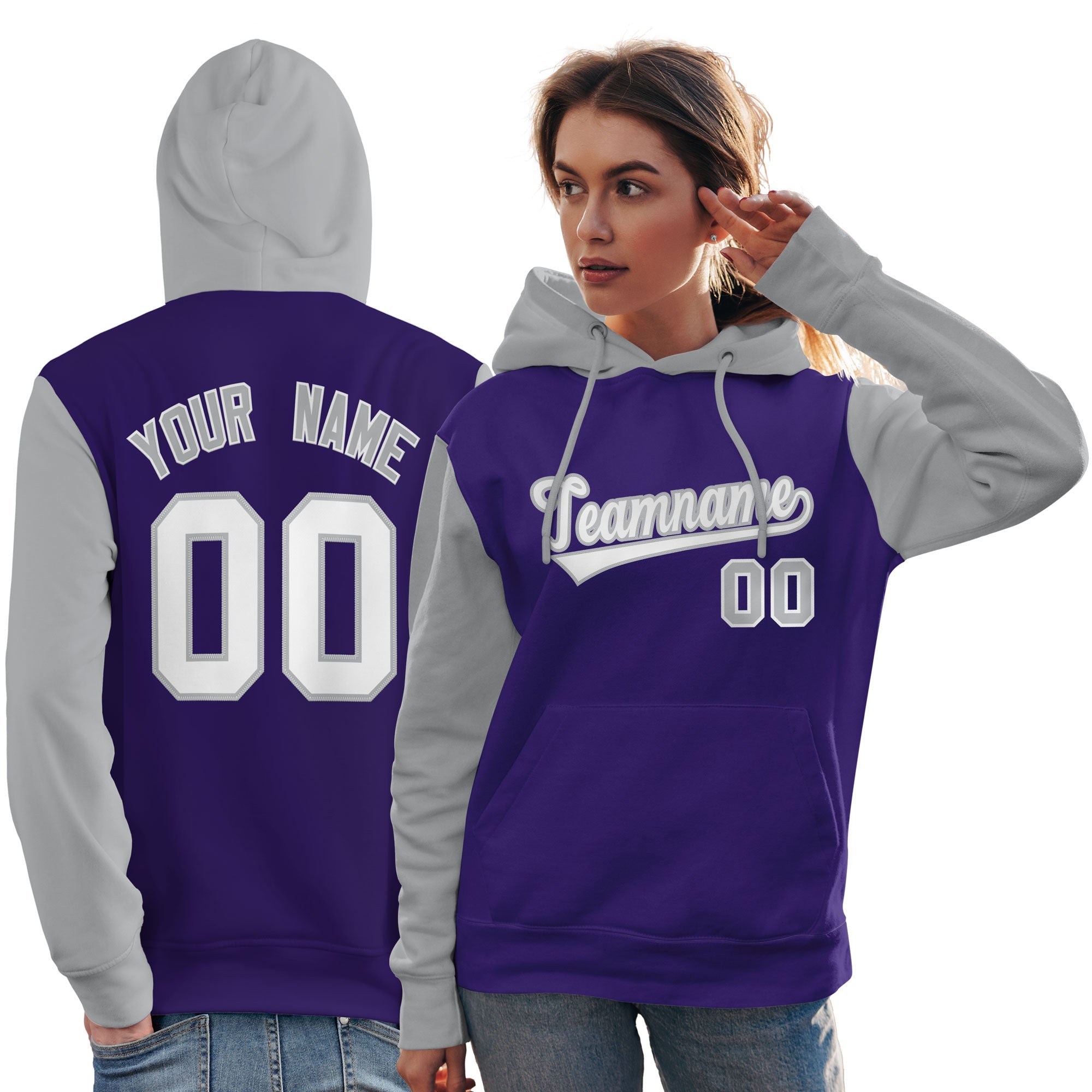 Custom Purple White-Gray Raglan Sleeves Pullover Personalized Team Sweatshirt Hoodie