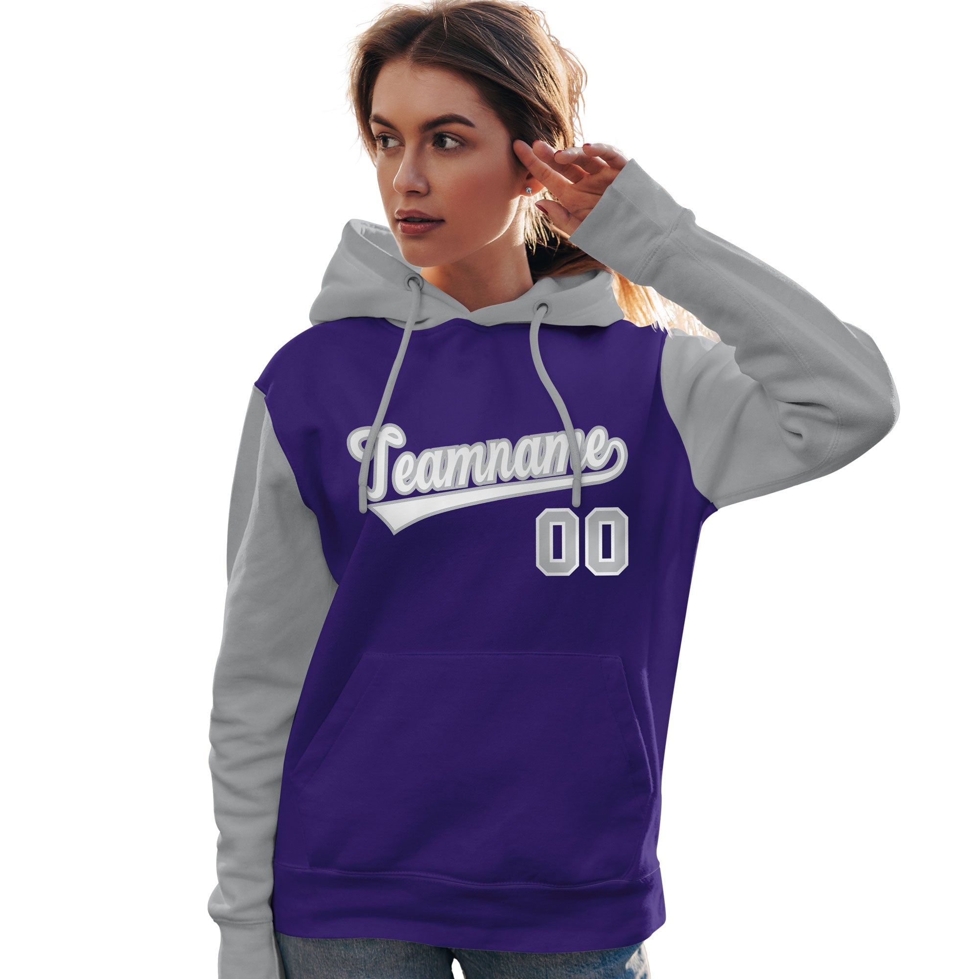 Custom Purple White-Gray Raglan Sleeves Pullover Personalized Team Sweatshirt Hoodie