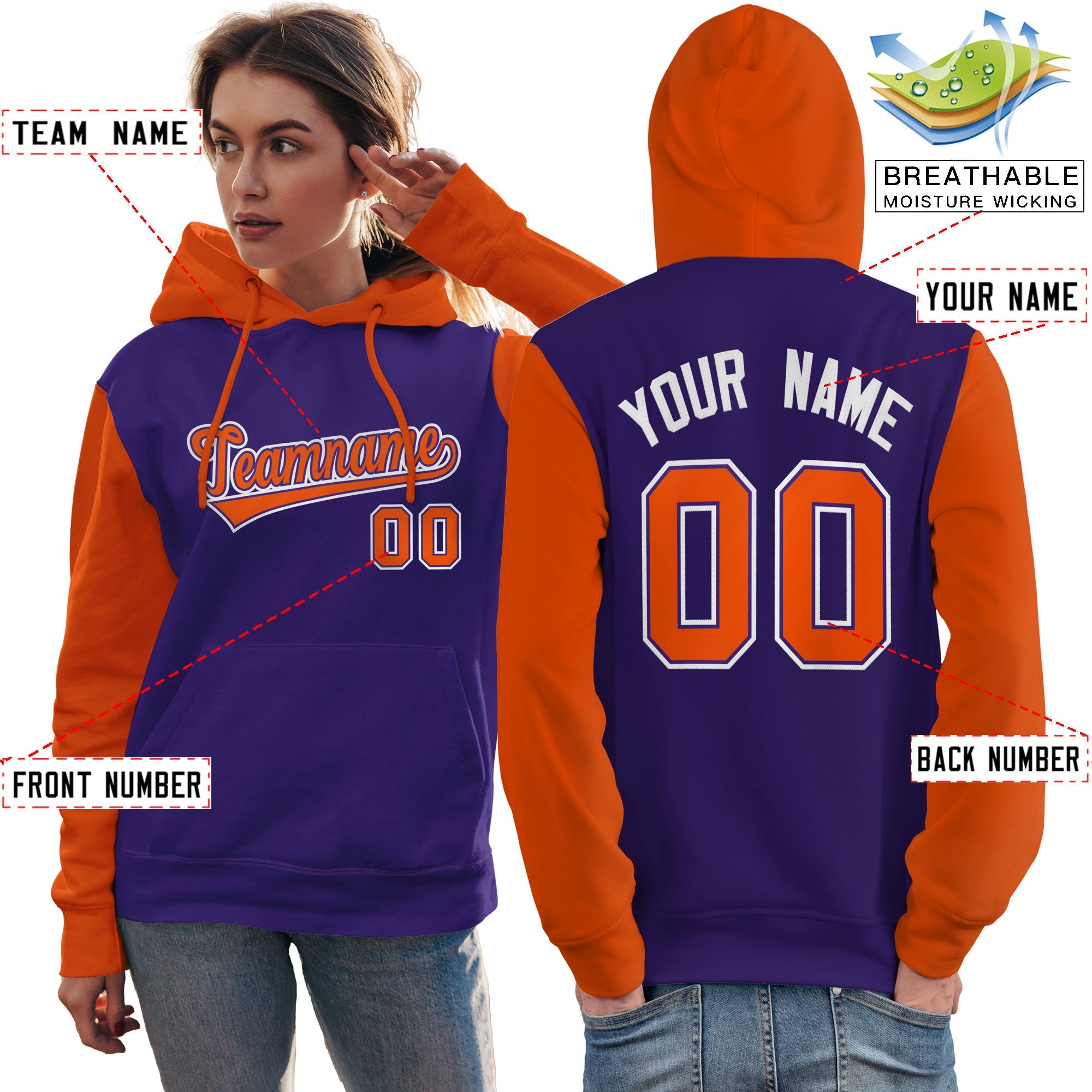 Custom Purple Orange-White Raglan Sleeves Pullover Personalized Team Sweatshirt Hoodie