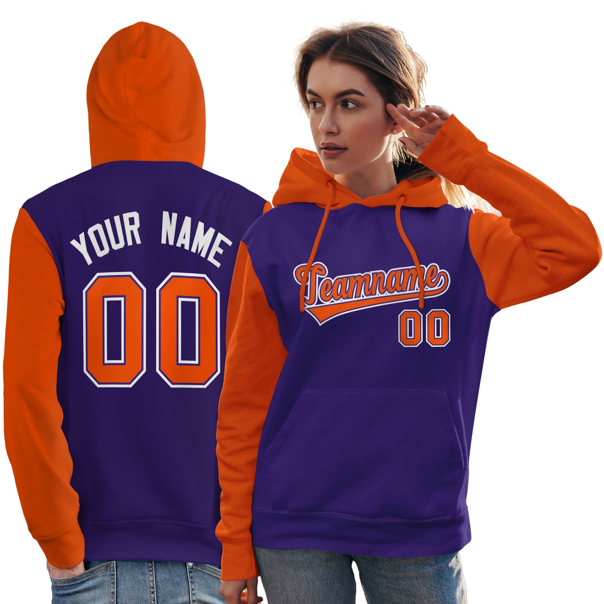 Custom Purple Orange-White Raglan Sleeves Pullover Personalized Team Sweatshirt Hoodie