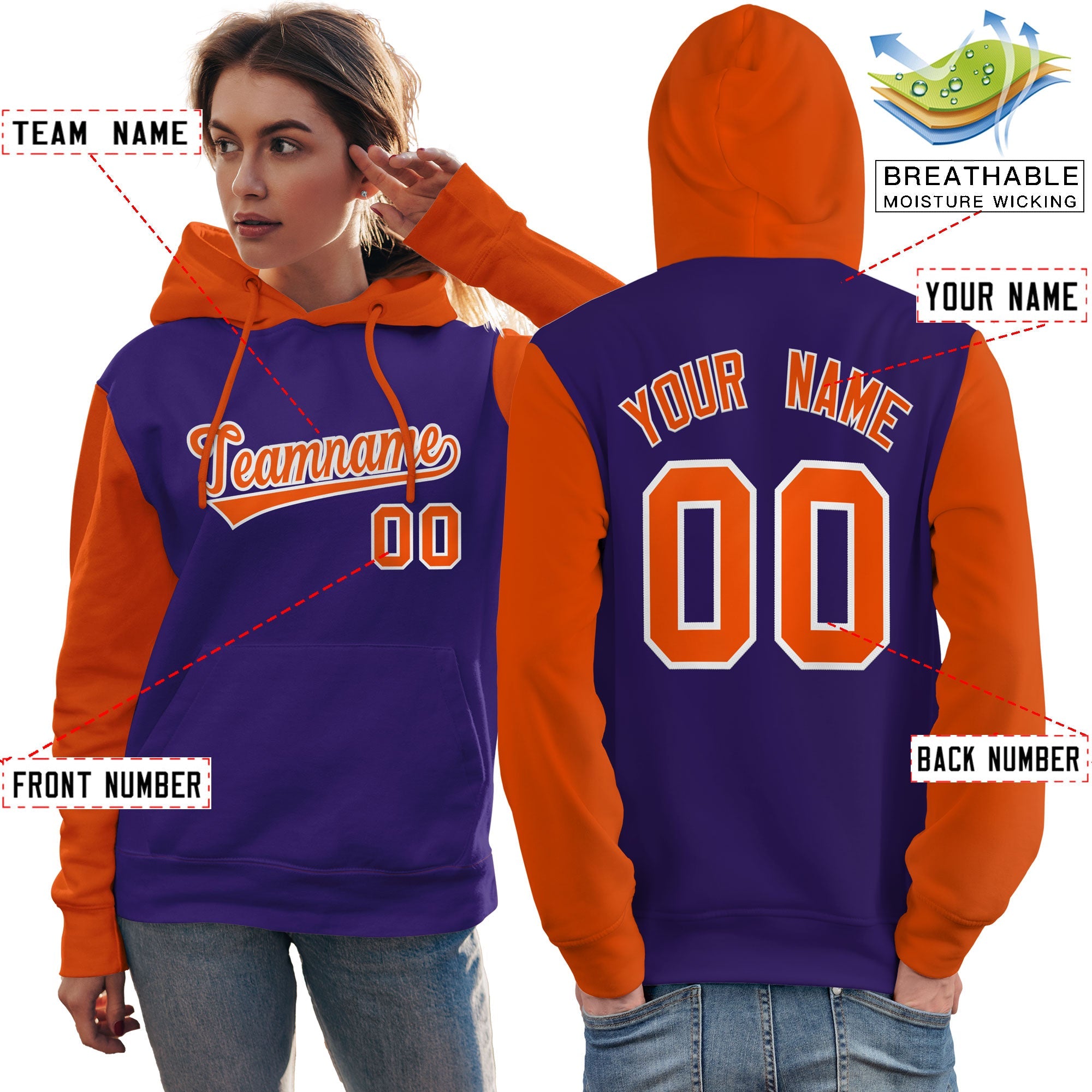 Custom Purple Orange-White Raglan Sleeves Pullover Personalized Team Sweatshirt Hoodie