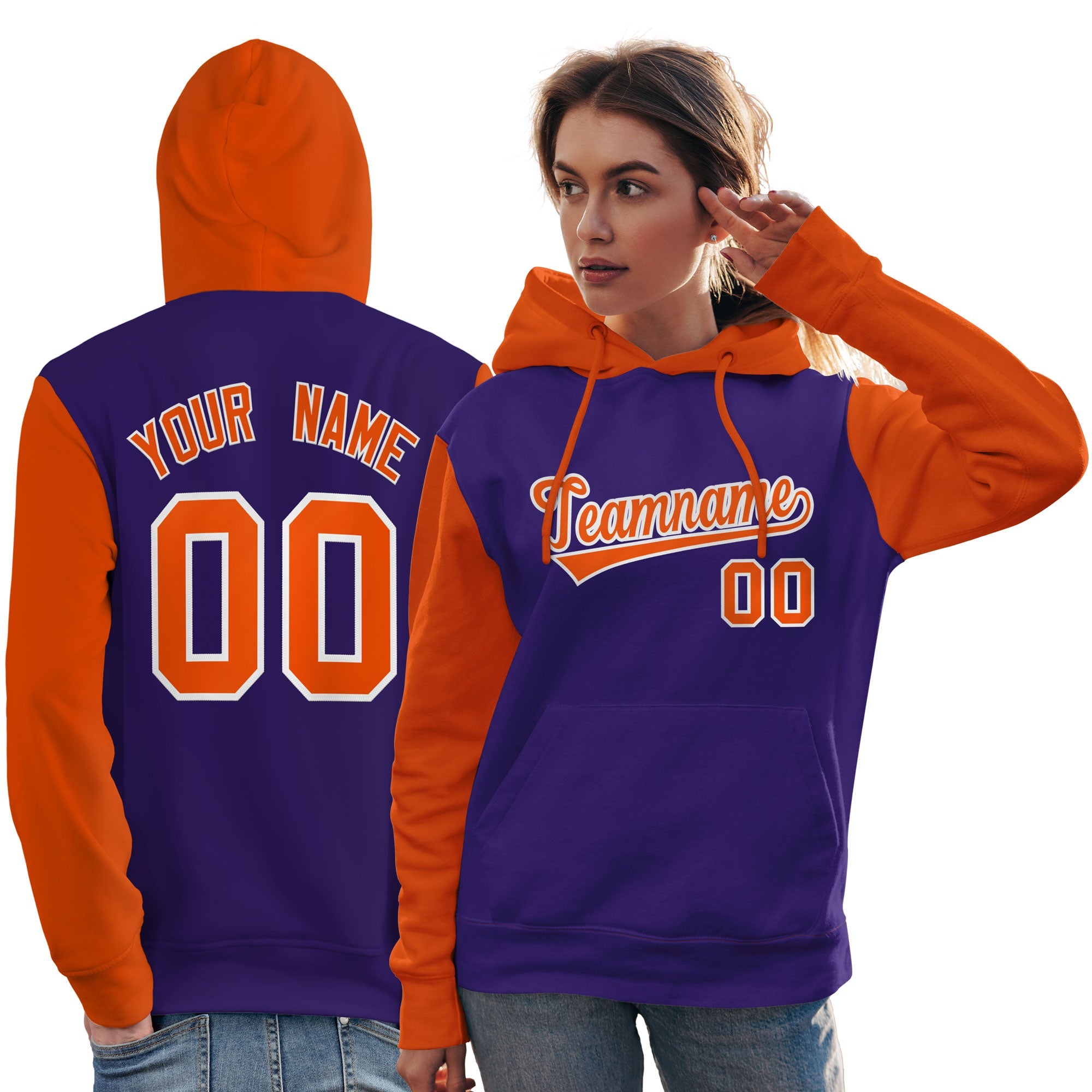 Custom Purple Orange-White Raglan Sleeves Pullover Personalized Team Sweatshirt Hoodie