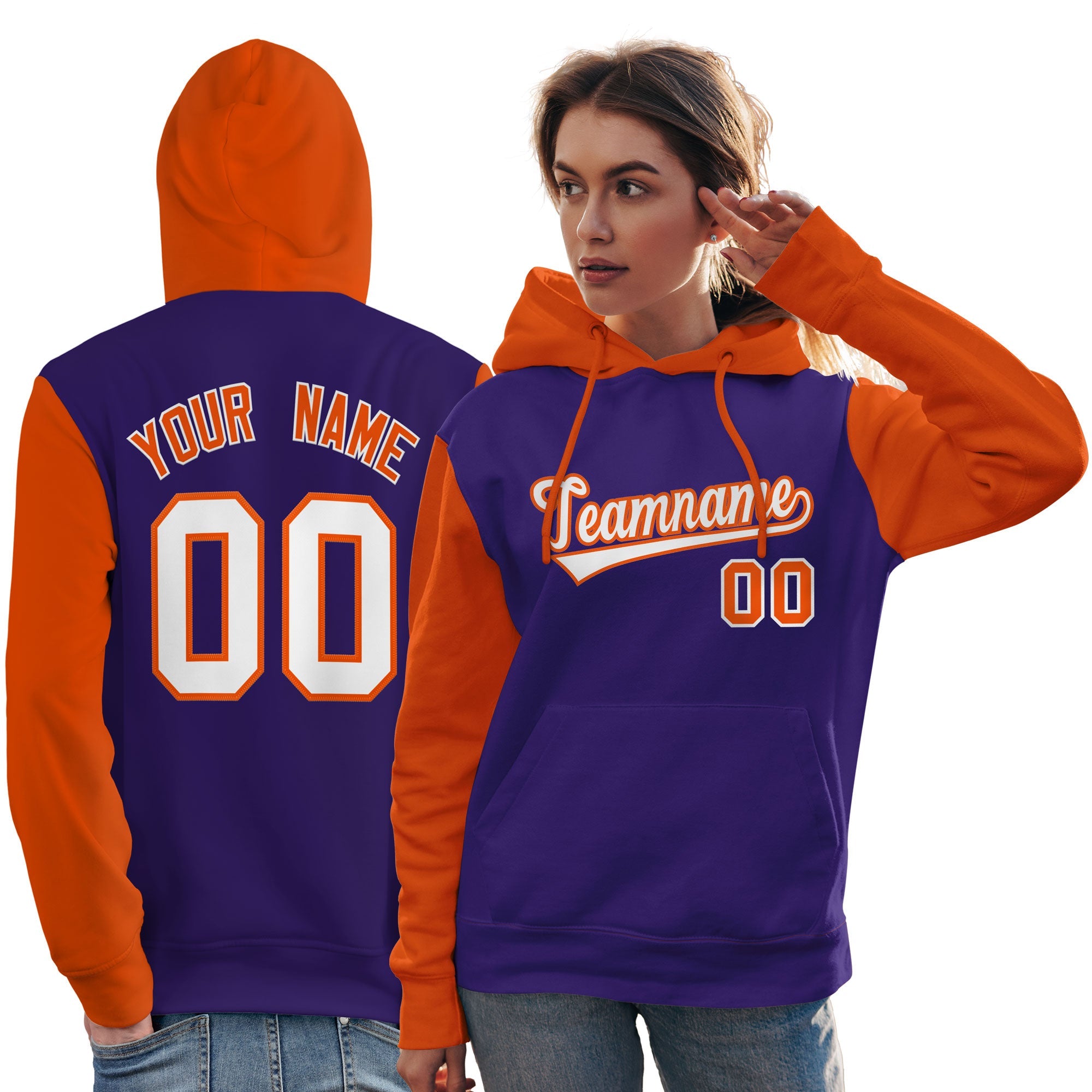 Custom Purple White-Orange Raglan Sleeves Pullover Personalized Team Sweatshirt Hoodie