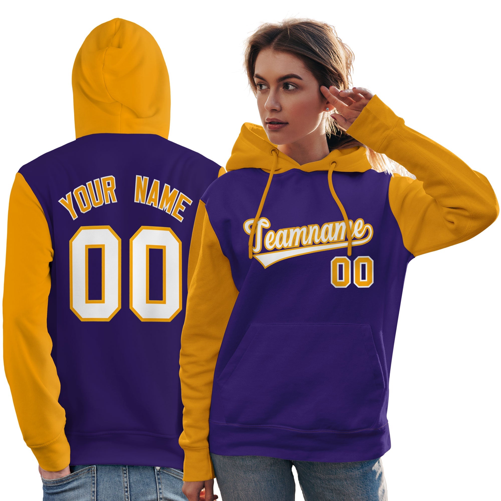 Custom Purple White-Gold Raglan Sleeves Pullover Personalized Team Sweatshirt Hoodie