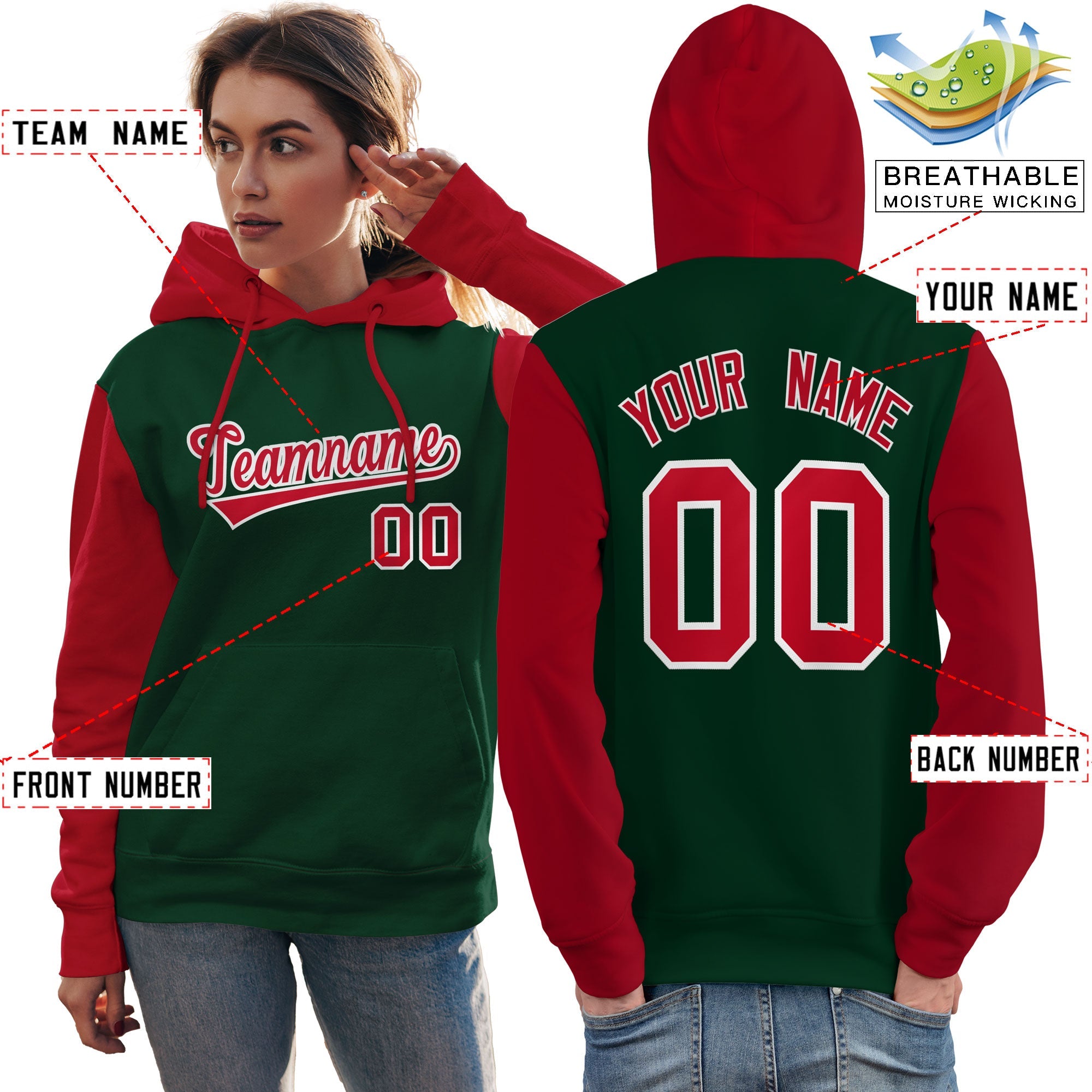 Custom Green Red-White Raglan Sleeves Pullover Personalized Team Sweatshirt Hoodie