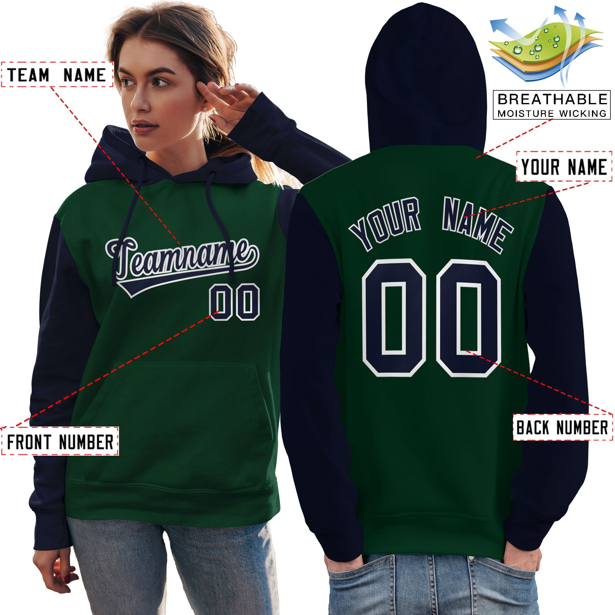 Custom Green Navy-White Raglan Sleeves Pullover Personalized Team Sweatshirt Hoodie