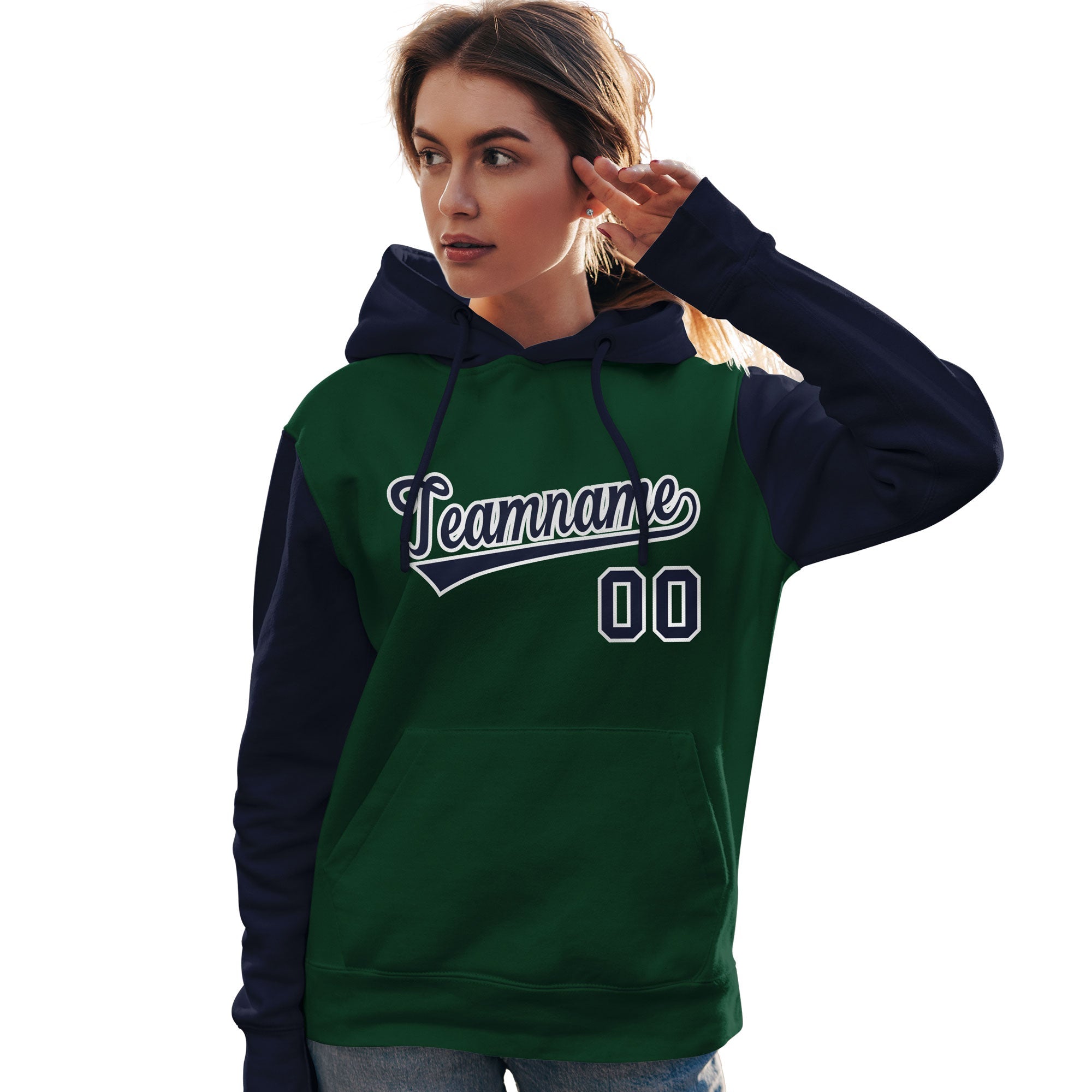 Custom Green Navy-White Raglan Sleeves Pullover Personalized Team Sweatshirt Hoodie