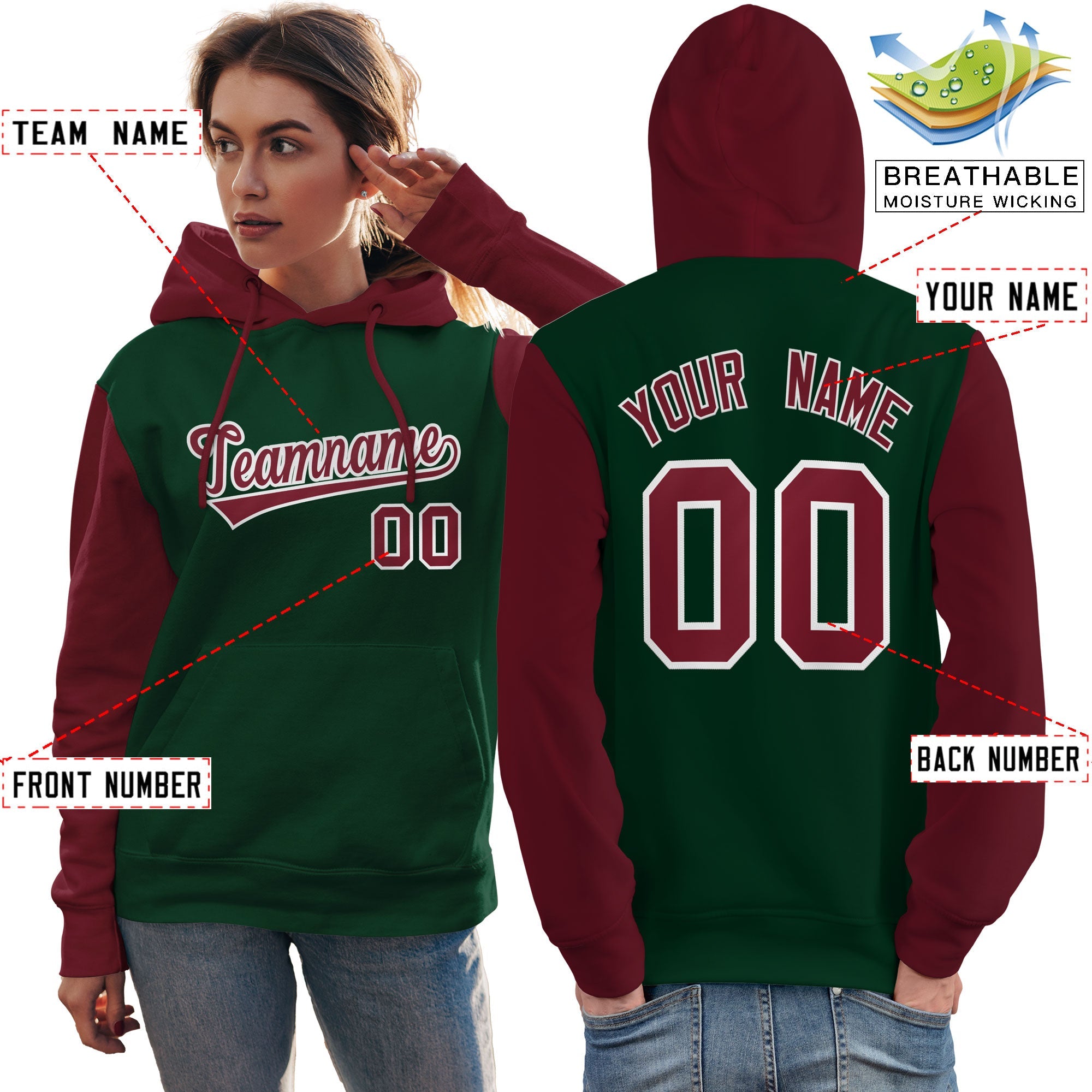 Custom Green Crimson-White Raglan Sleeves Pullover Personalized Team Sweatshirt Hoodie