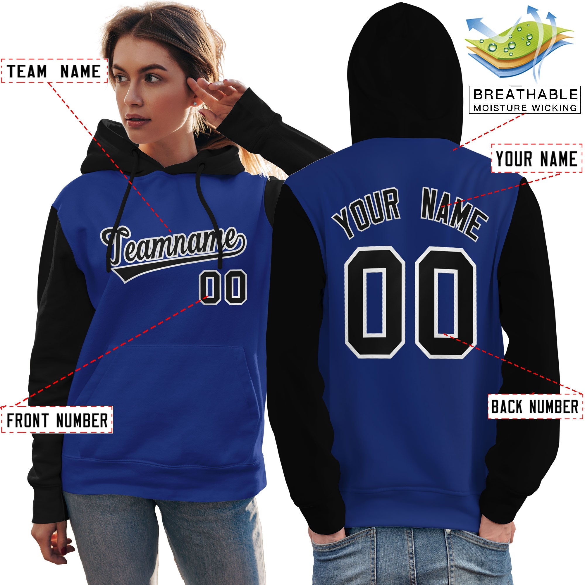 Custom Royal Black-White Raglan Sleeves Pullover Personalized Team Sweatshirt Hoodie