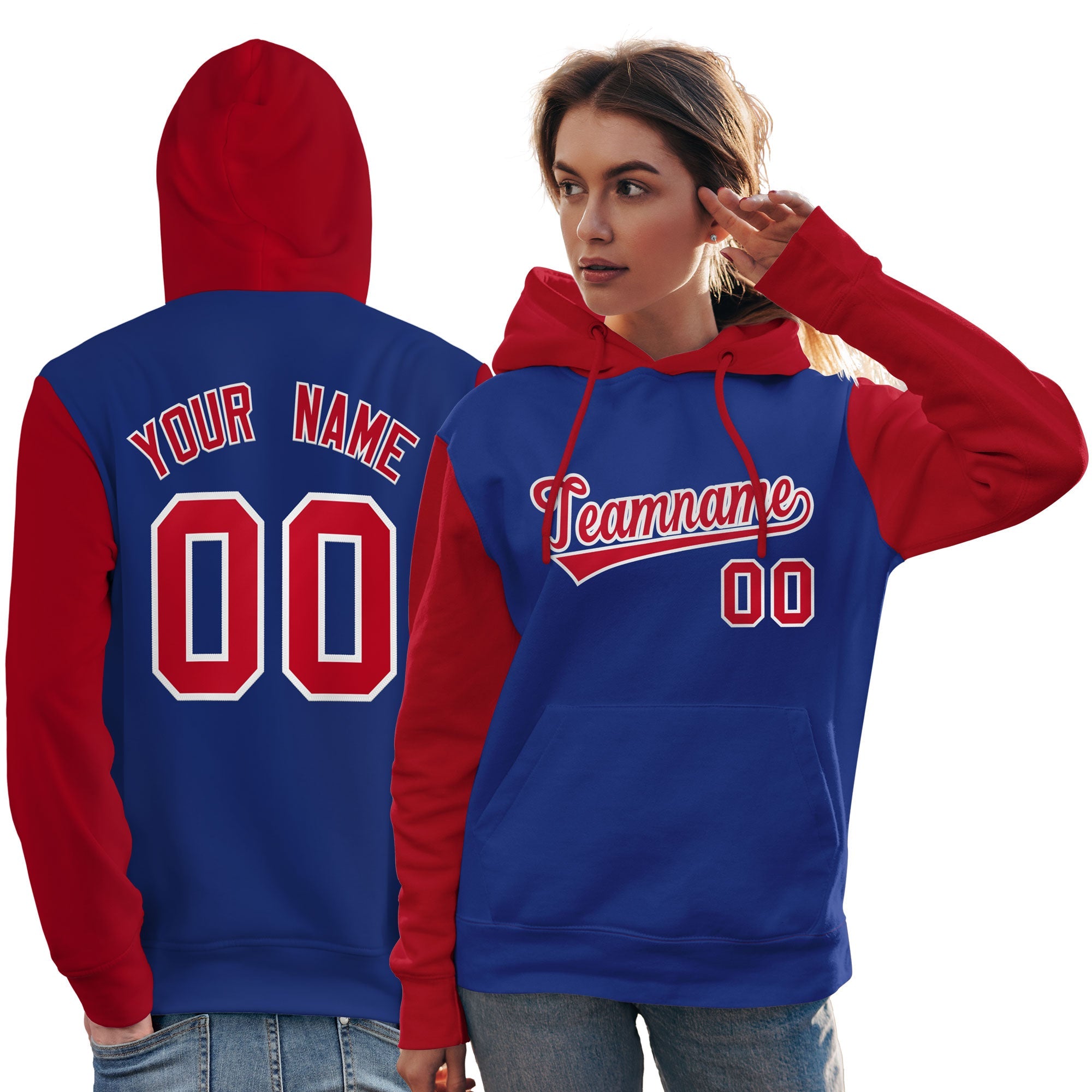 Custom Royal Red-White Raglan Sleeves Pullover Personalized Team Sweatshirt Hoodie