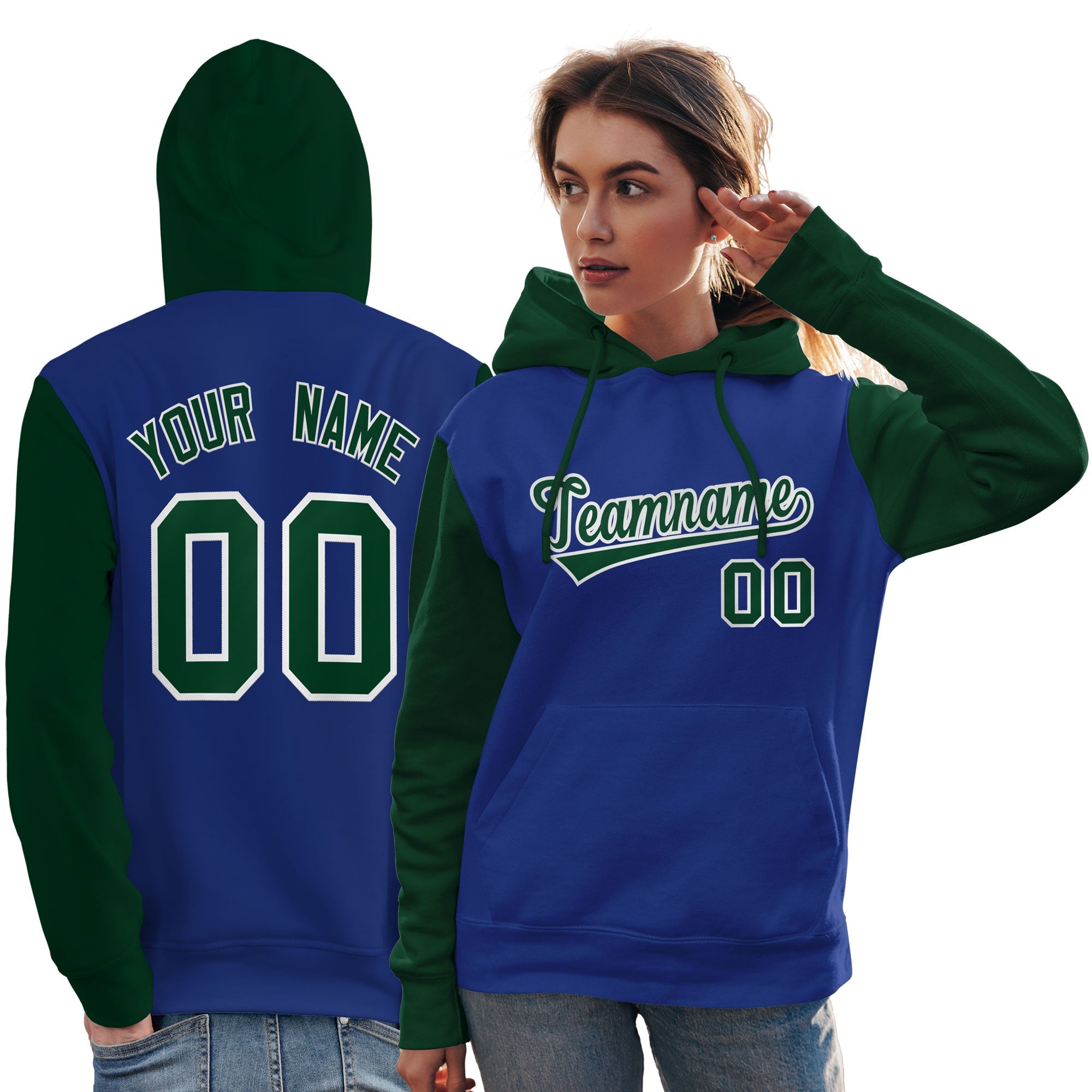 Custom Royal Green-White Raglan Sleeves Pullover Personalized Team Sweatshirt Hoodie