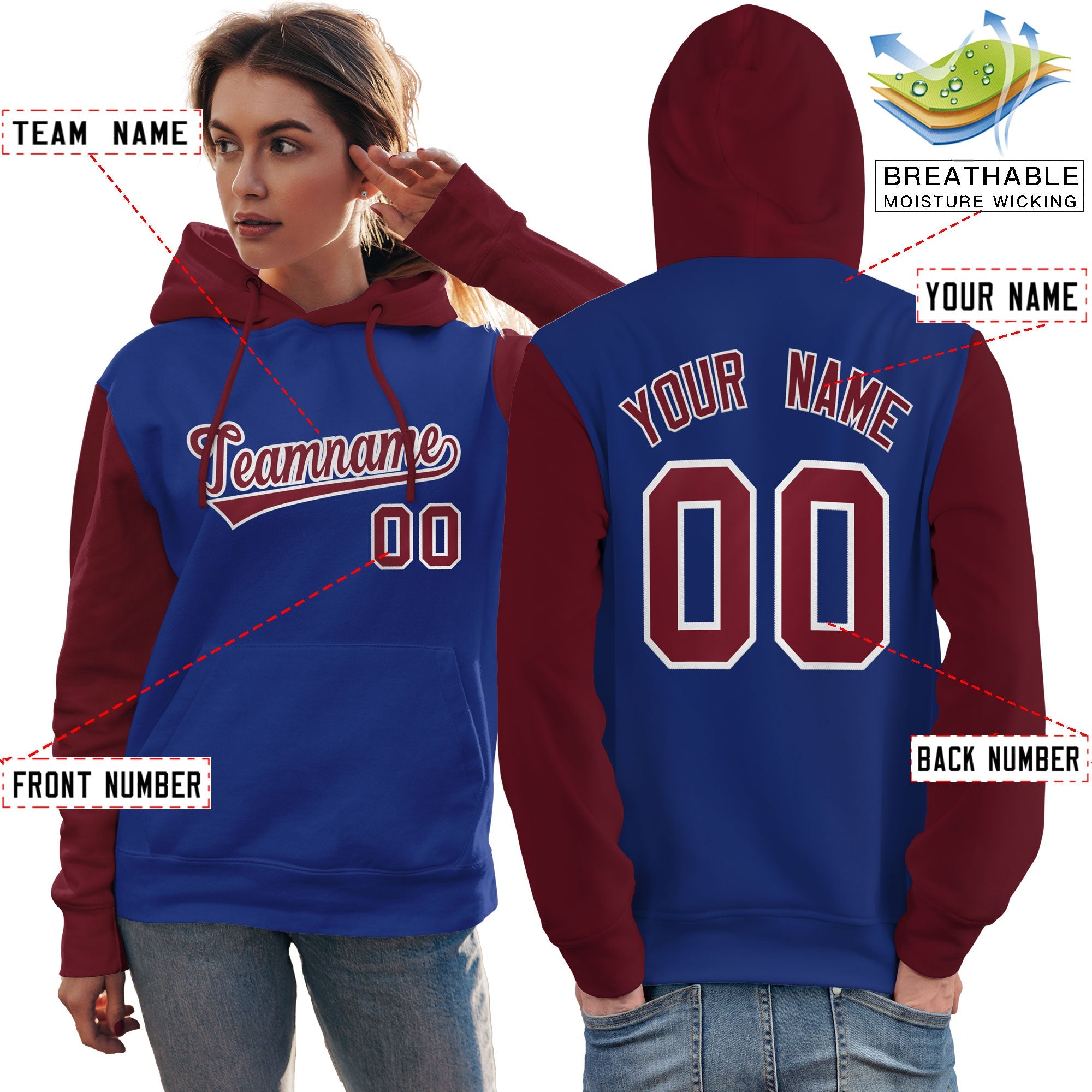 Custom Royal Crimson-White Raglan Sleeves Pullover Personalized Team Sweatshirt Hoodie