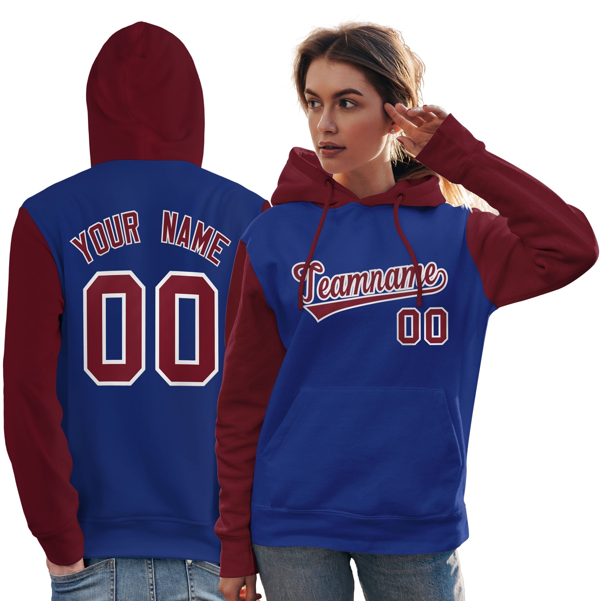 Custom Royal Crimson-White Raglan Sleeves Pullover Personalized Team Sweatshirt Hoodie