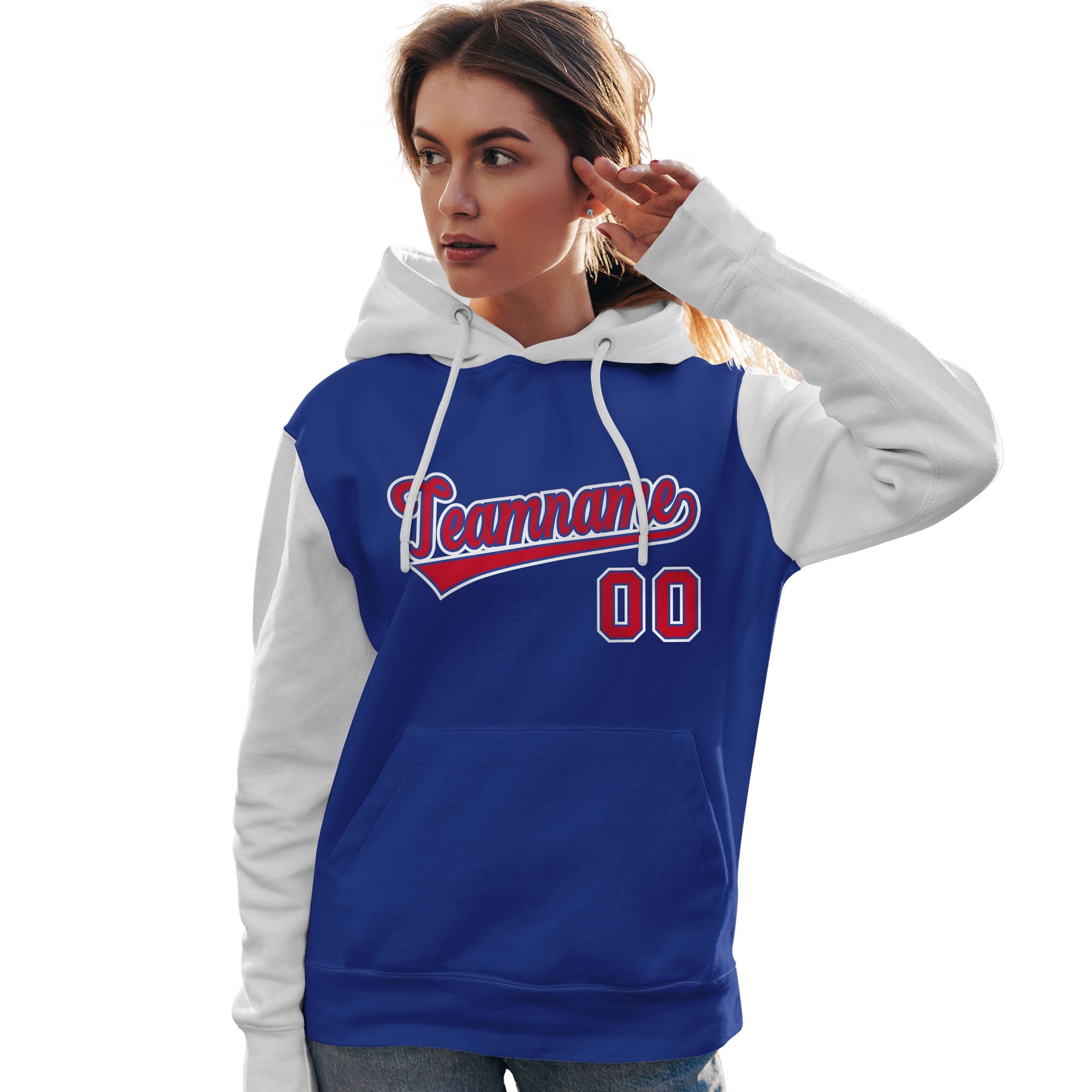 Custom Royal Red-White Raglan Sleeves Pullover Personalized Team Sweatshirt Hoodie