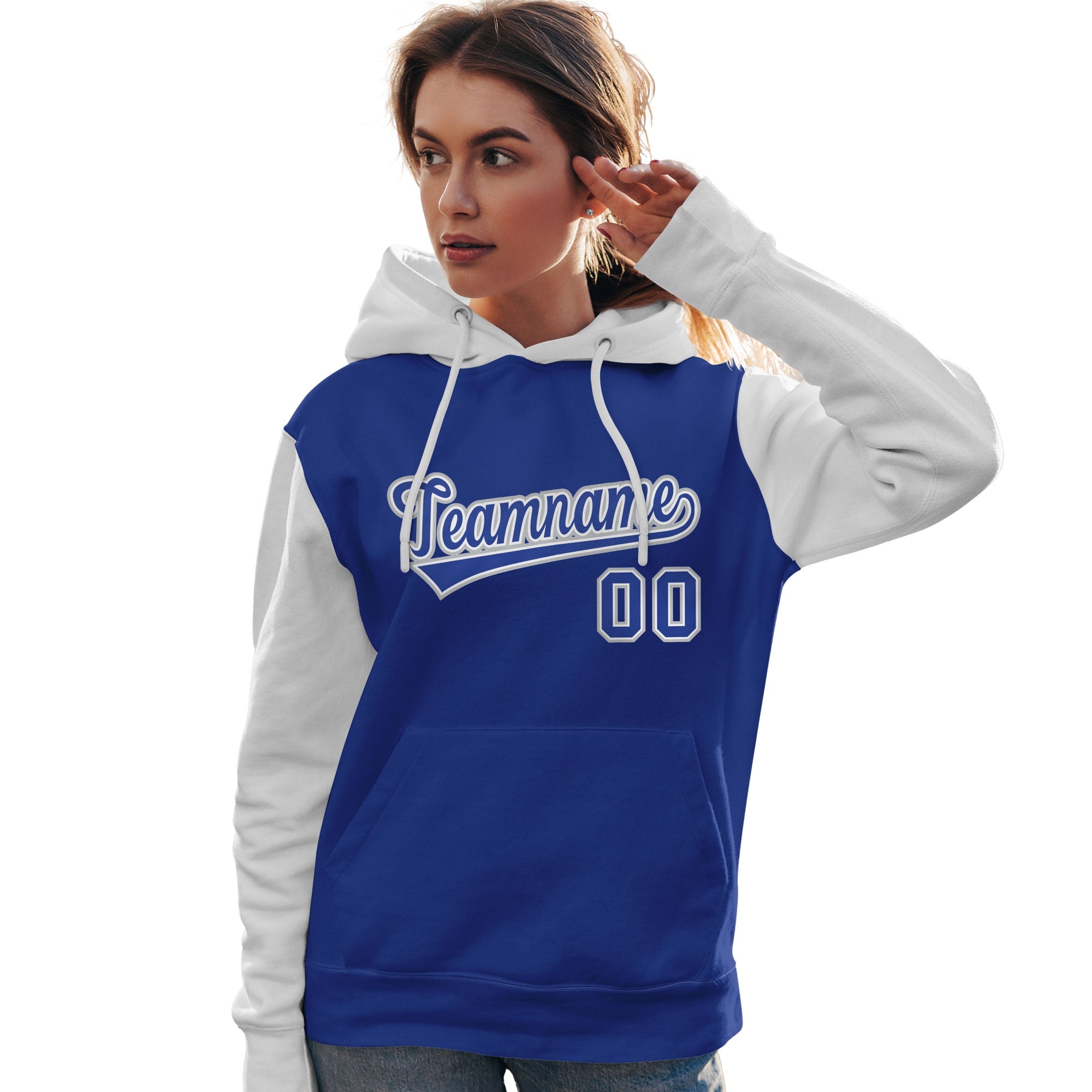 Custom Royal White-Gray Raglan Sleeves Pullover Personalized Team Sweatshirt Hoodie