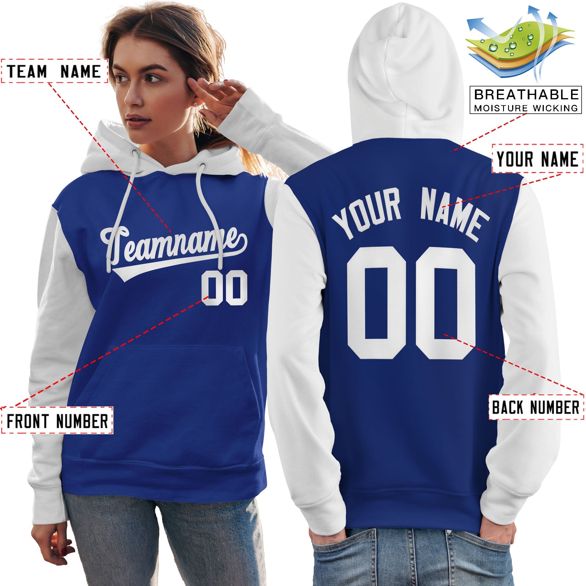 Custom Royal White Raglan Sleeves Pullover Personalized Team Sweatshirt Hoodie