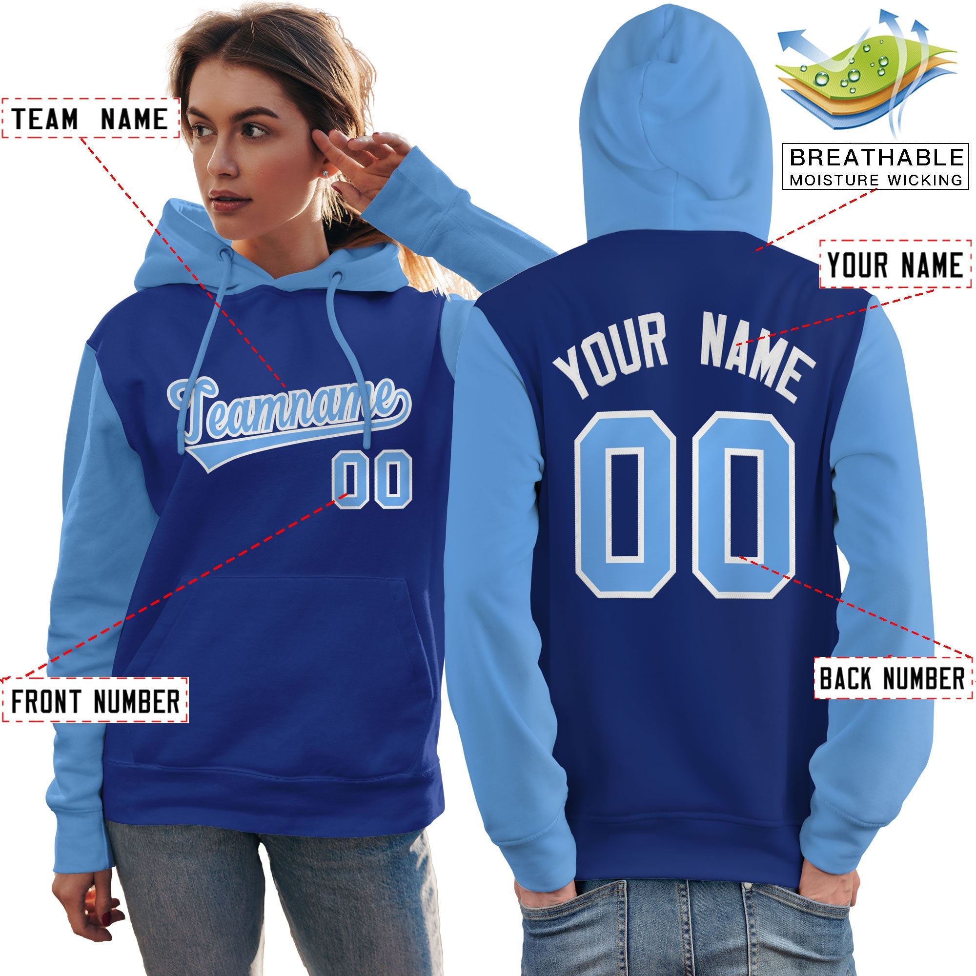 Custom Royal Light Blue-White Raglan Sleeves Pullover Personalized Team Sweatshirt Hoodie