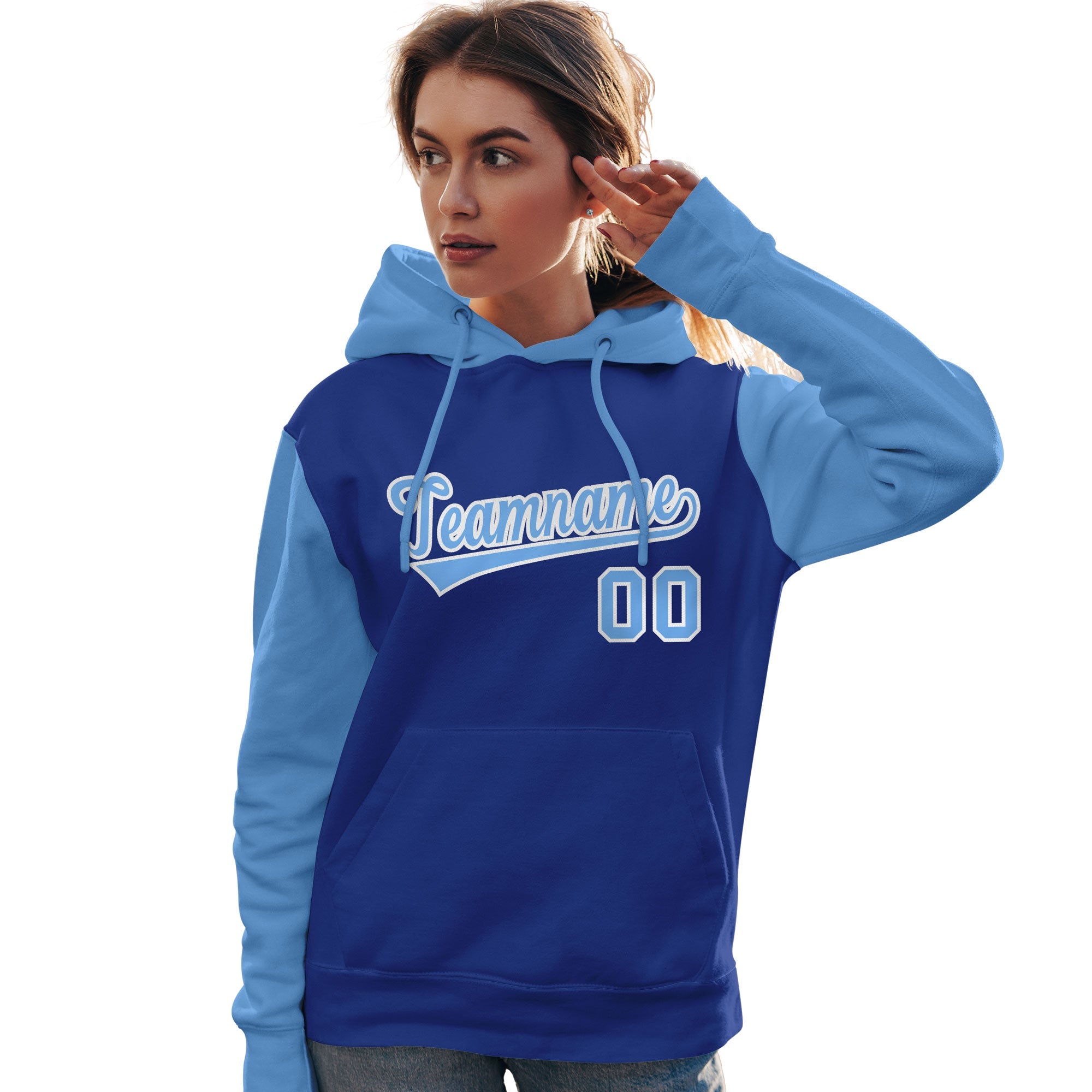 Custom Royal Light Blue-White Raglan Sleeves Pullover Personalized Team Sweatshirt Hoodie