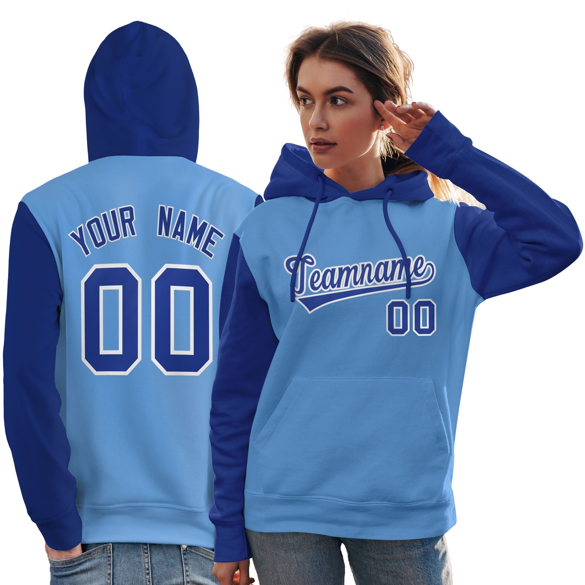 Custom Light Blue Royal-White Raglan Sleeves Pullover Personalized Team Sweatshirt Hoodie