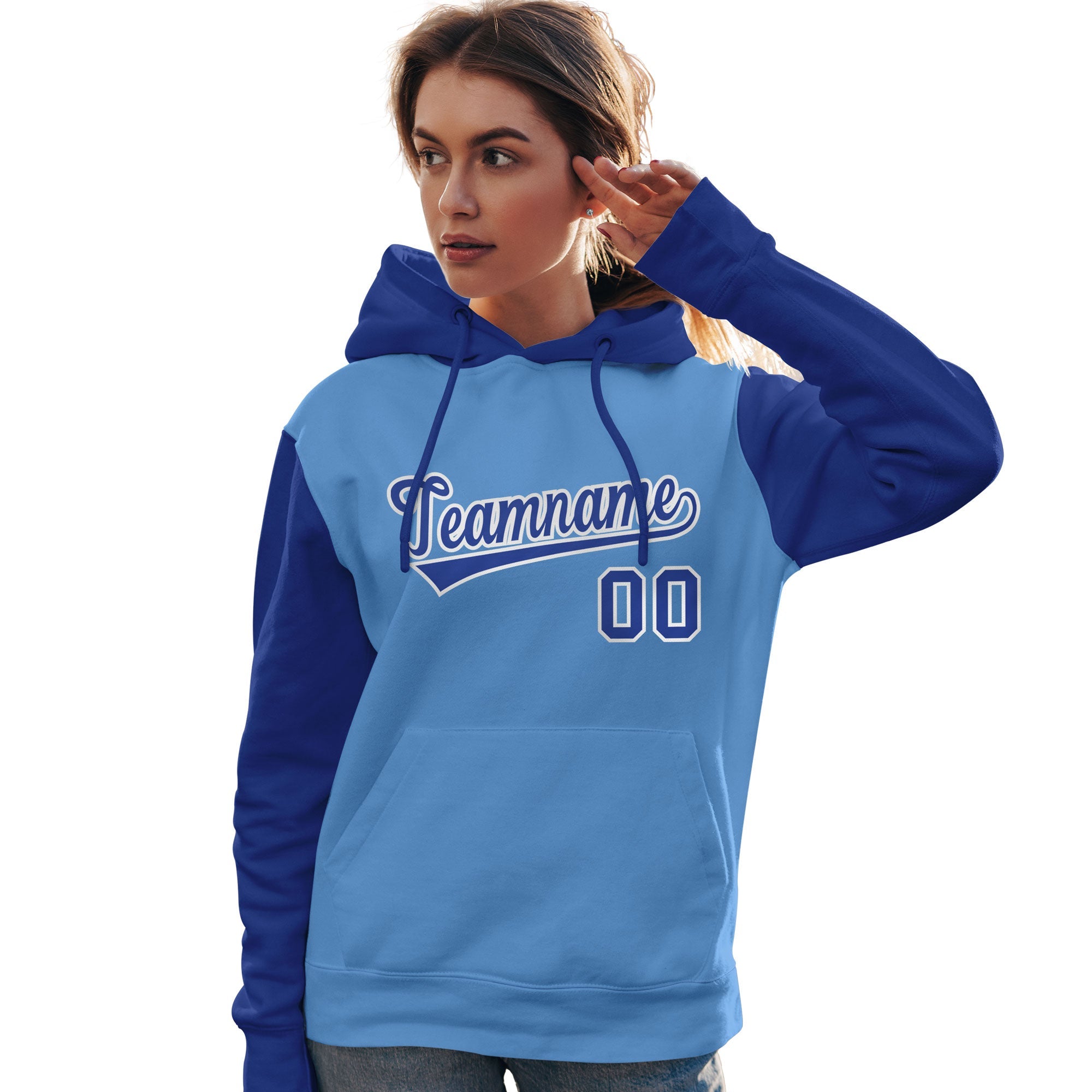 Custom Light Blue Royal-White Raglan Sleeves Pullover Personalized Team Sweatshirt Hoodie