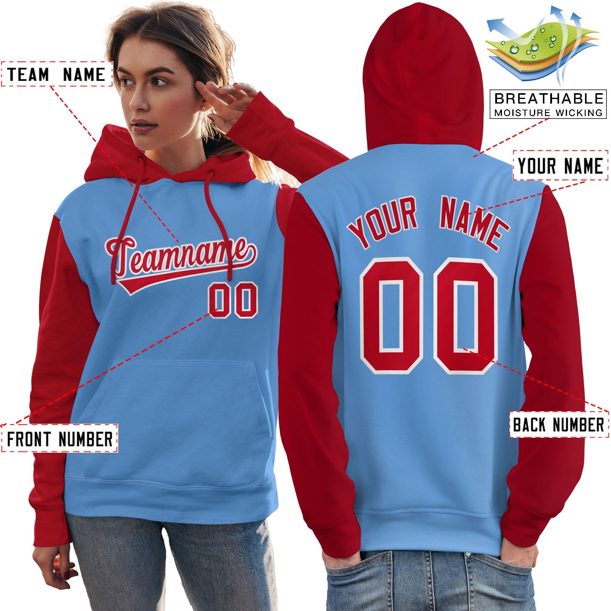 Custom Light Blue Red-White Raglan Sleeves Pullover Personalized Team Sweatshirt Hoodie