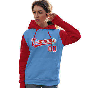 Custom Light Blue Red-White Raglan Sleeves Pullover Personalized Team Sweatshirt Hoodie