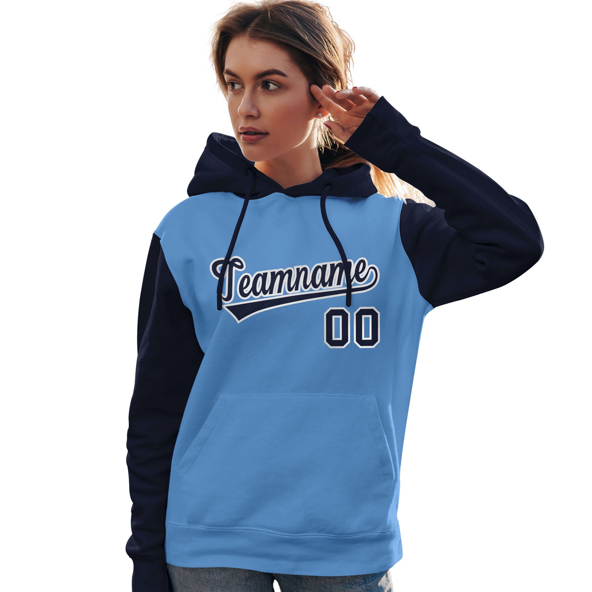 Custom Light Blue Navy-White Raglan Sleeves Pullover Personalized Team Sweatshirt Hoodie