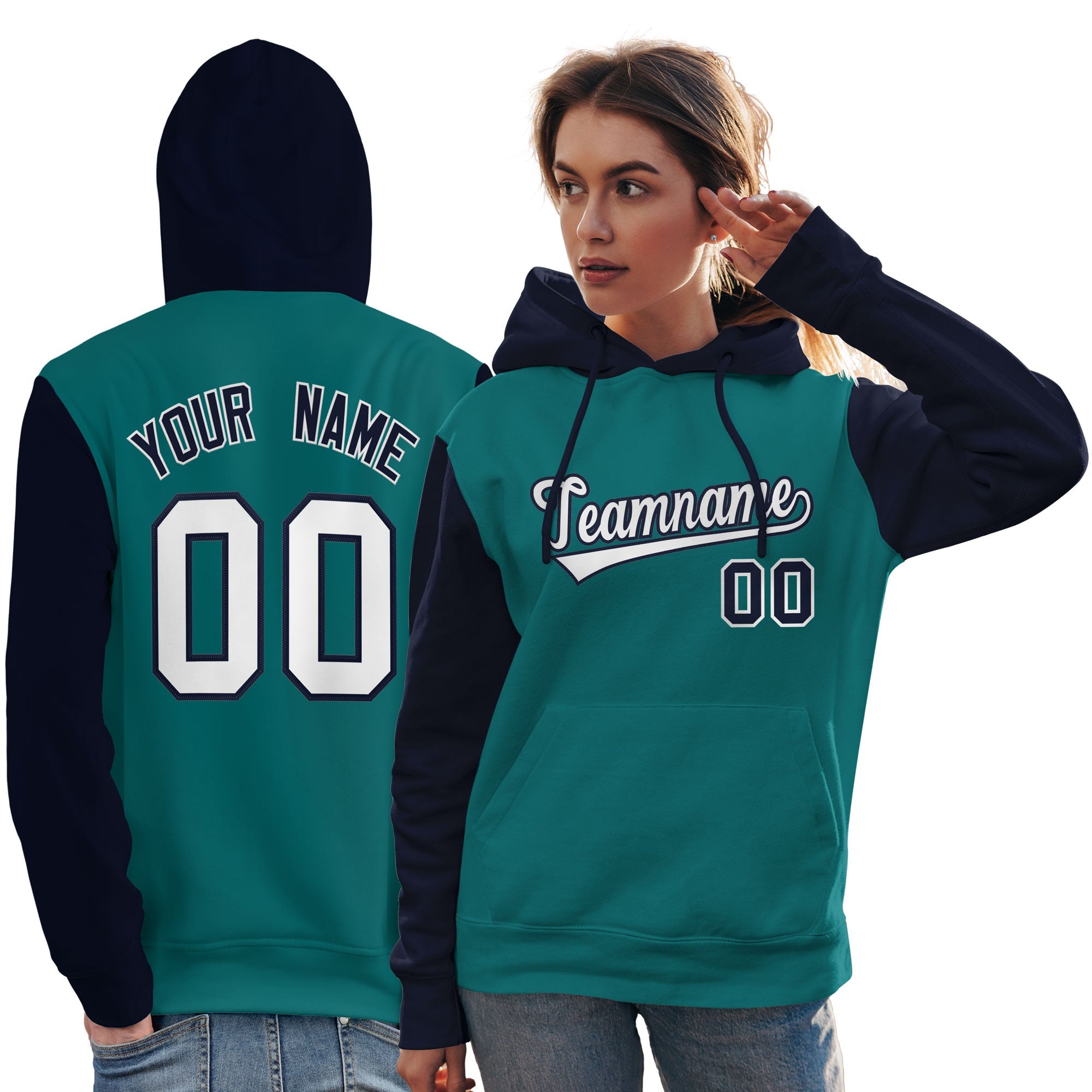 Custom Aqua White-Navy Raglan Sleeves Pullover Personalized Team Sweatshirt Hoodie